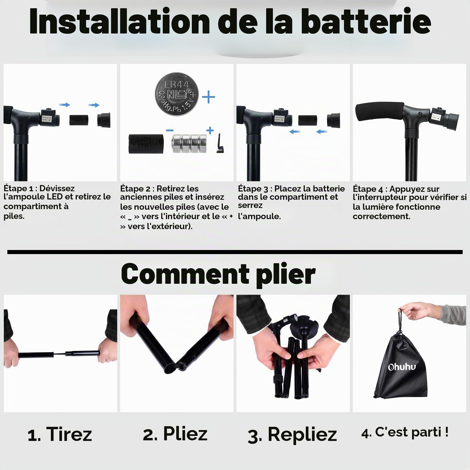 Canne de Marche Pliante avec Lumière LED, Ohuhu Bâton de Marche Hauteur Réglable pour Homme et Femme, Personnes Âgées, Pliable Portable, avec Coussin en T et Base pivotante, Sac de Transport