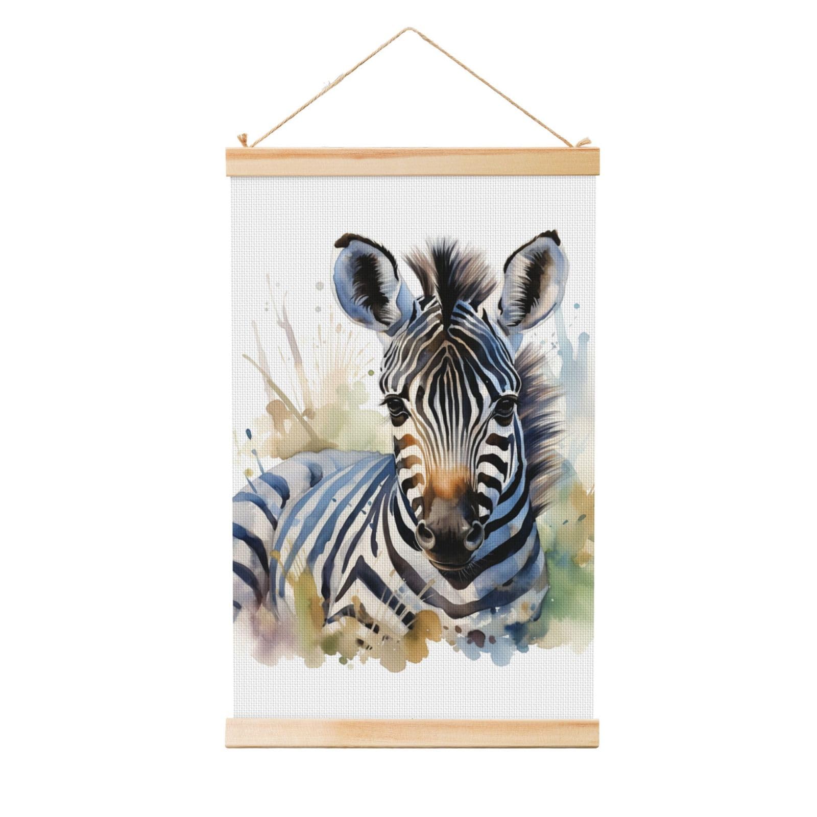 Cute zebra watercolor Poster Wooden Shaft Hanging Poster Wall Hanging Banner Canvas Artwork with Wood Frames 36"x24" Modern Artwork Decor Ready to Hang Wall Art for Home Decor Scroll Painting