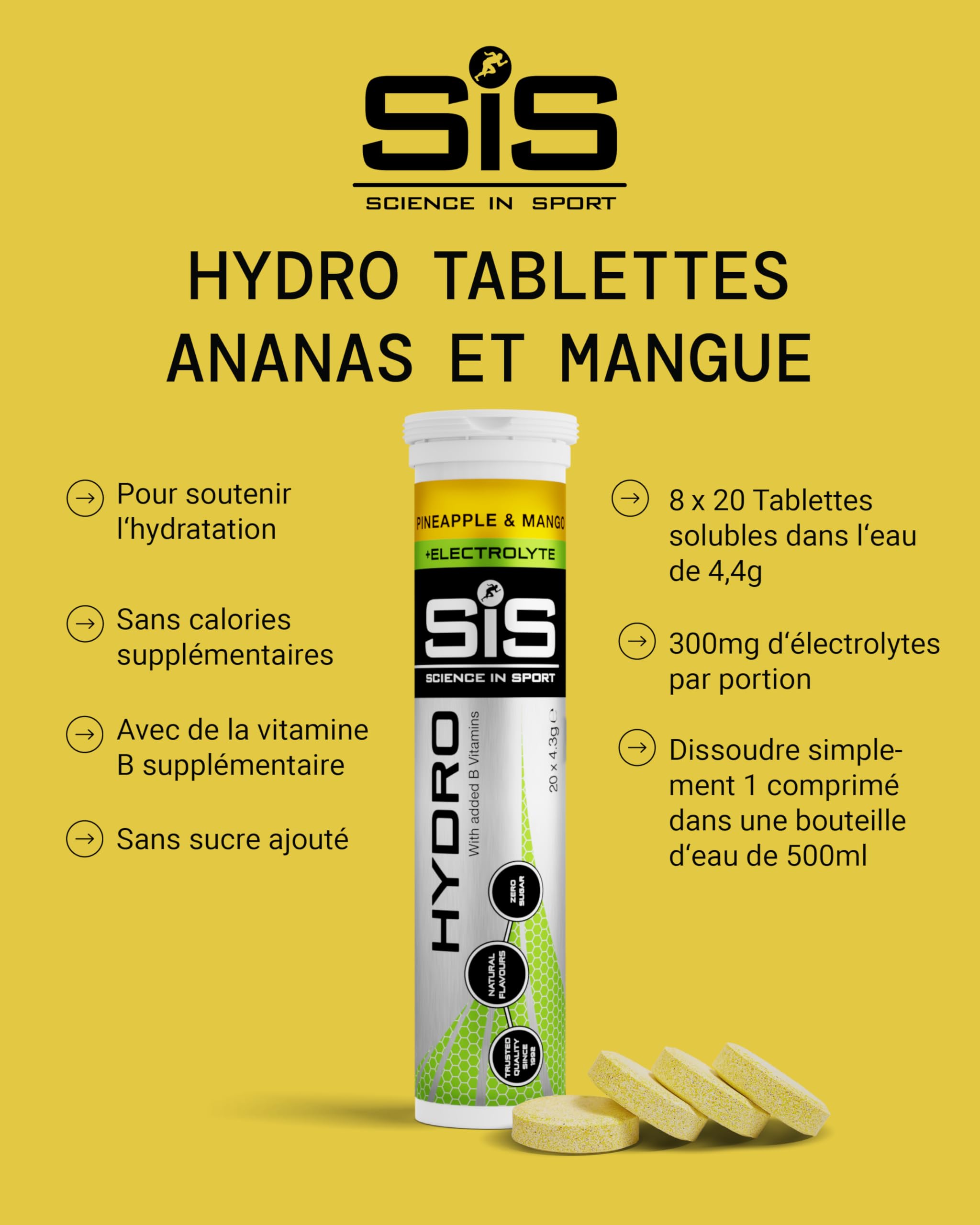Science In Sport Hydro Comprimés d'Hydratation, Sans Gluten, Zéro Sucre, Saveur Ananas et Mangue Plus Électrolytes, 20 Comprimés Effervescents par Flacon (8 Flacons)