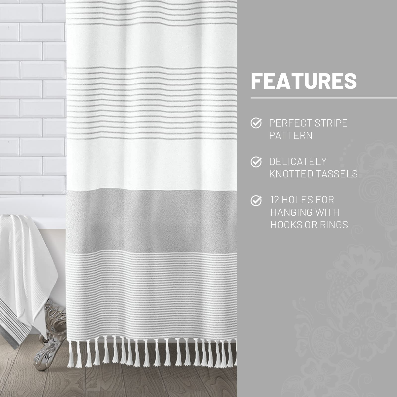 Awellife Boho Gray Shower Curtain for Bathroom Stripe Tassel Shower Curtain 72 X 72 Inches Farmhouse Linen Grey