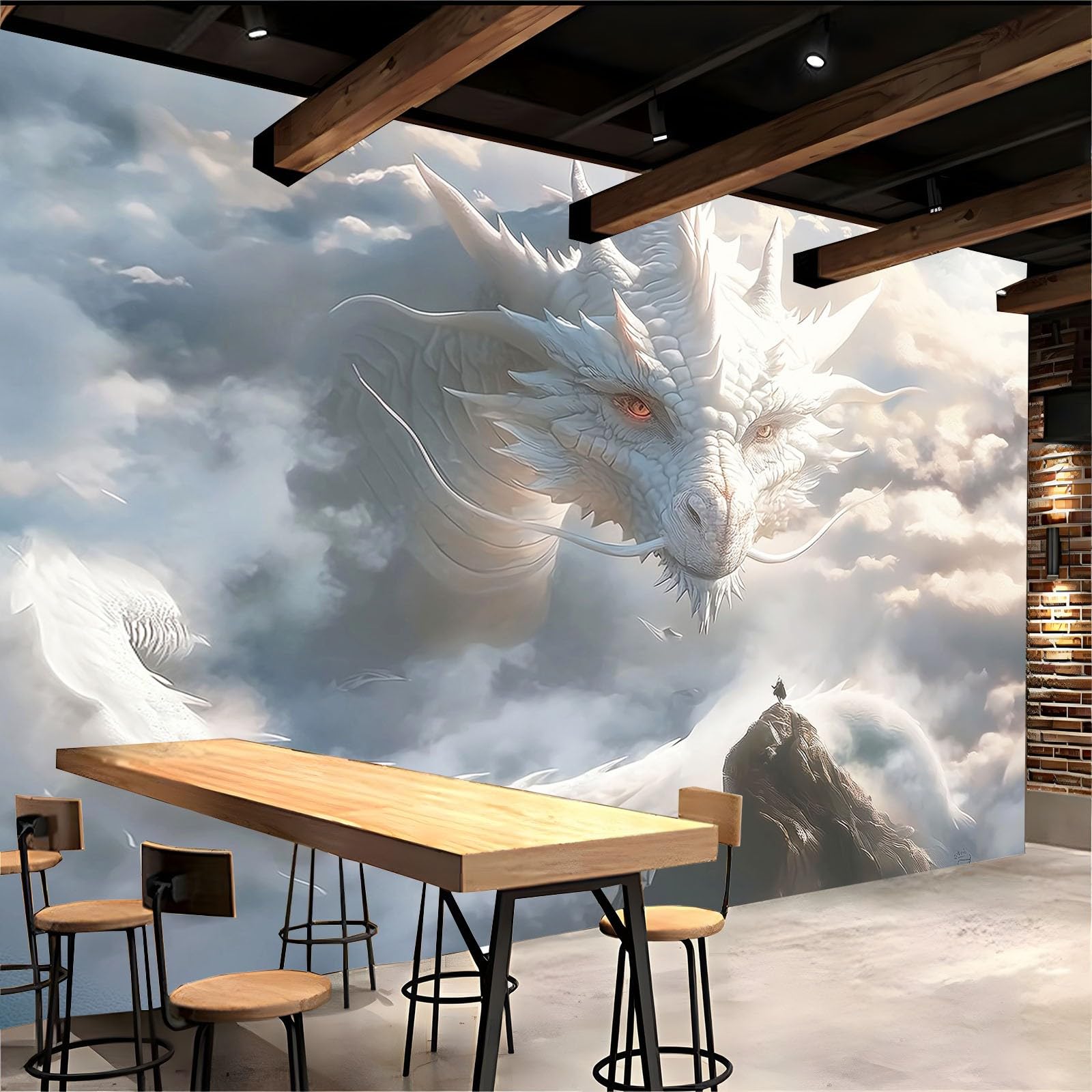 Cartoon-Stil Fototapete 3D Effekt Bergweißer Drache Fototapeten Wandbild Motivtapeten Vlies-Tapeten Moderne Wandtapete Wand Schlafzimmer Wohnzimmer Dekoration B350 x H256 cm