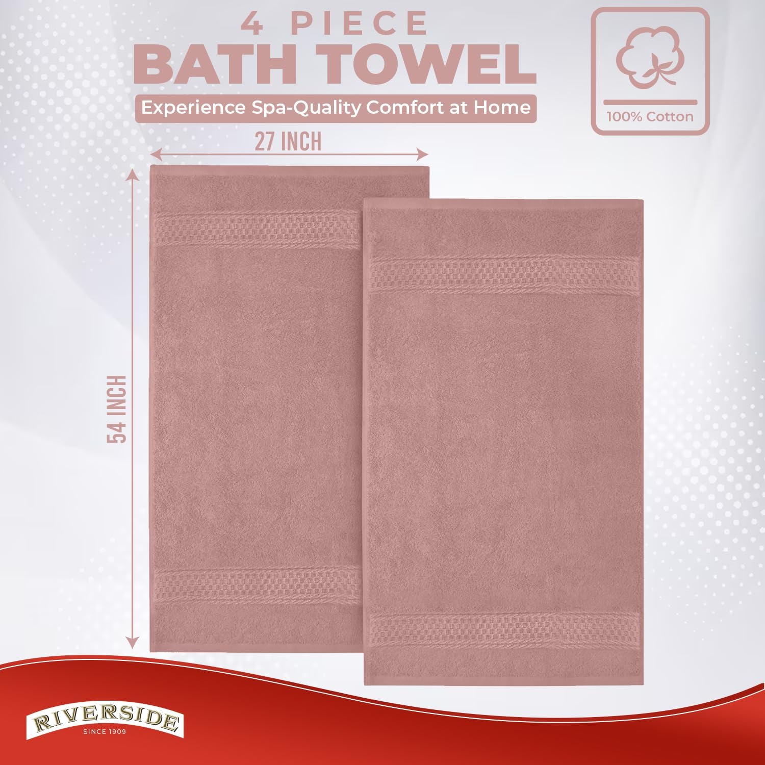 RIVERSIDE 100% Ring Spun Cotton Large Bath Towels Set of 4, 27 x 54 – Quick Dry, Soft & Highly Absorbent Towels for Shower & Bathroom – Luxury 600 GSM Towels for Home, Spa, Gym, Hotel, Dusty Rose