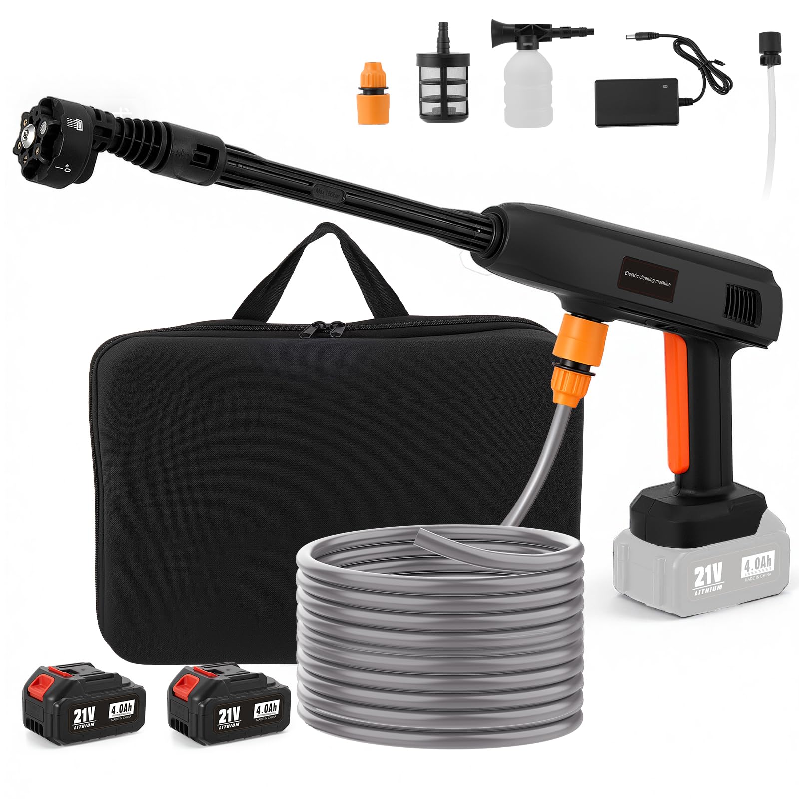 Limpiador de alta presión con batería, 1000 PSI (69 bar), 336 l/h, pistola portátil con 2 baterías de 4000 mAh, boquilla giratoria multifuncional 6 en 1, manguera de 7 m para coche, suelo, terraza