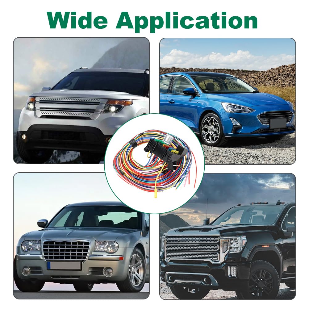 Universal 12 Circuit Wiring Harness Kit Wire Harness Automotive Fuses Compatible with Chevy Ford Chrysler Muscle Car