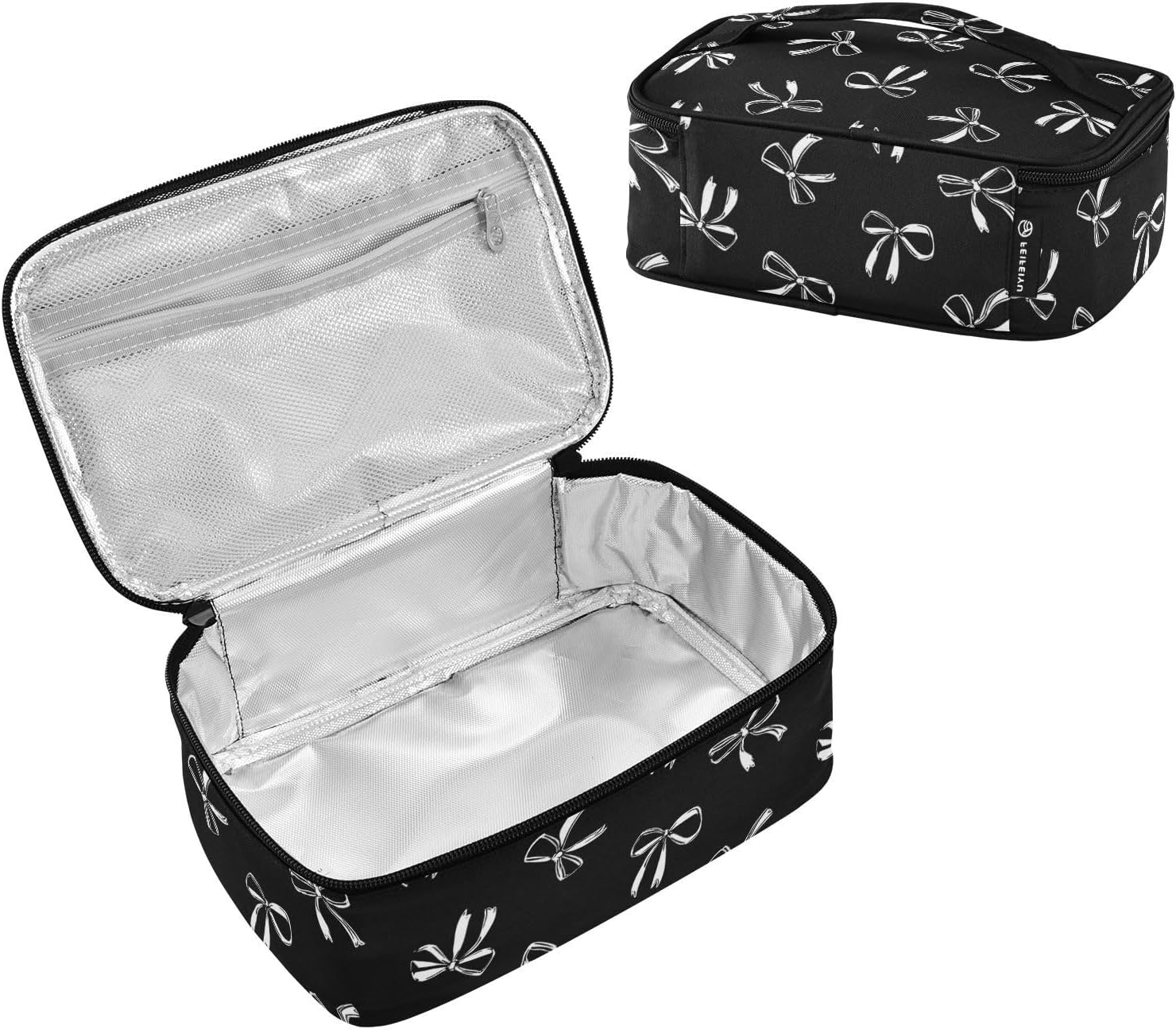 Aslsiy Small Lunch Bag for Kids White Bow Ribbon Insulated Lunch Box Black Portable Mini Cooler Bag for Women Men Boys Girls image 2