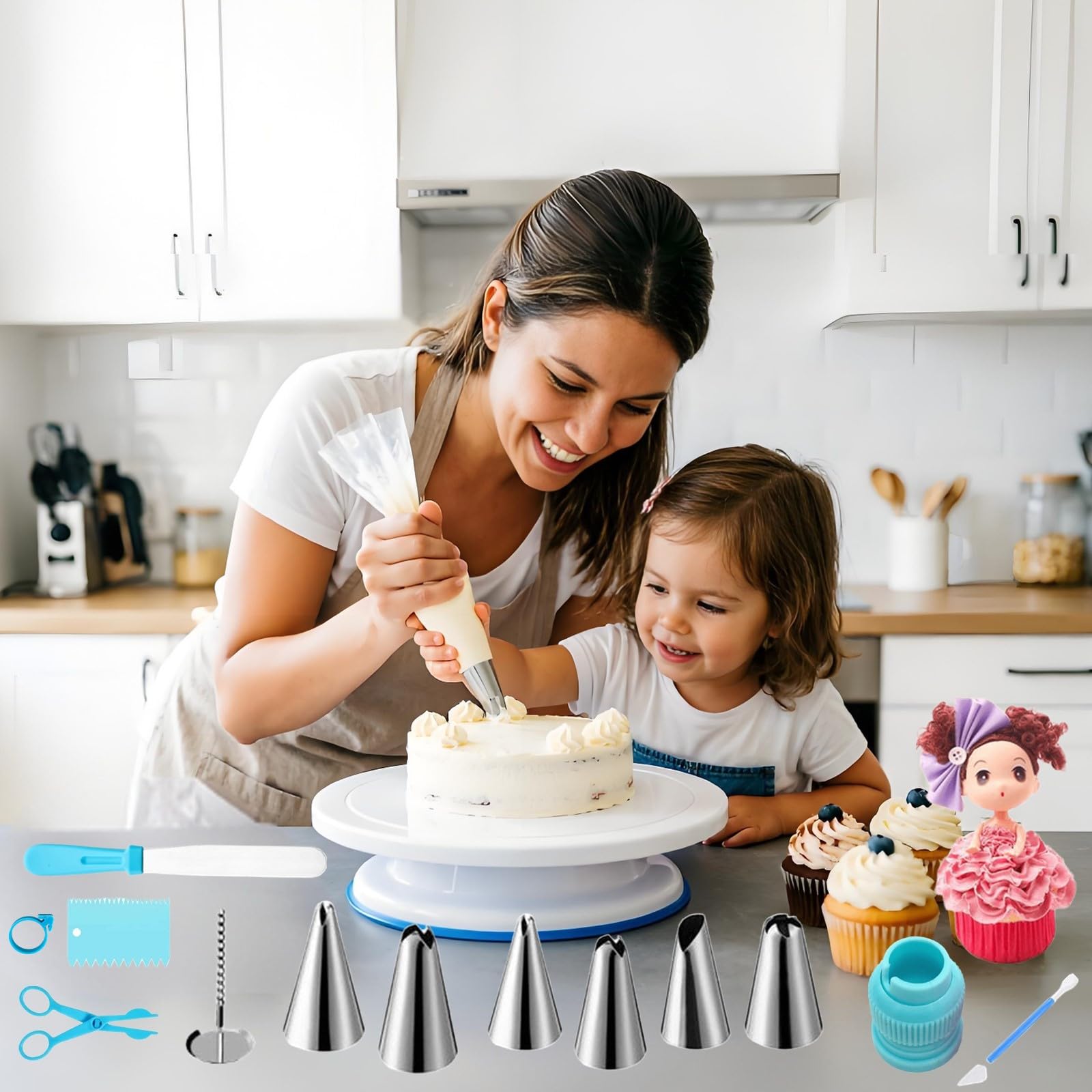 ANSLYQA Kit de decoración de pasteles de 340 piezas, con tocadiscos y nivelador, 55 puntas de glaseado numeradas, 2 espátulas, 3 raspadores de peine, 2 acopladores, 100 bolsas de pastelería, 100
