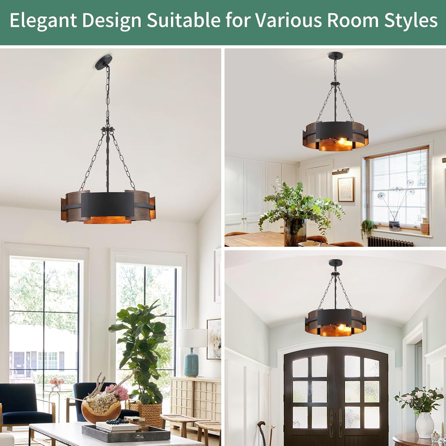 Farmhouse Drum Chandelier D20-Inch Height Adjustable Pendant Lighting Fixture 4-Light Ceiling Light for Dining Room Kitchen Island Living Room Office Black and Walnut Grain Finish