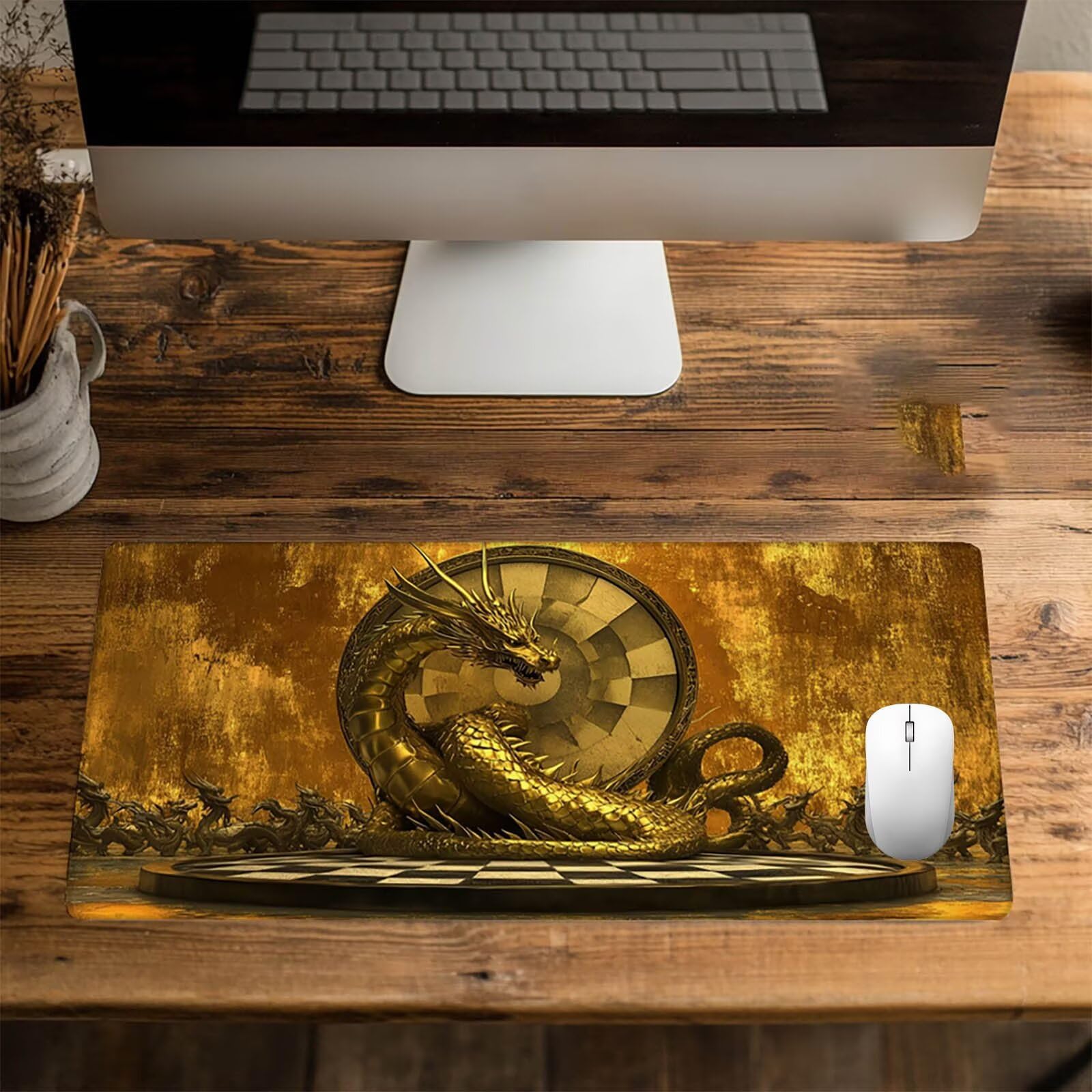 Podkładka pod mysz xxl 1400 x 600 x 3 mm, duża żółta mata na biurko, antypoślizgowe i wodoodporne szyte krawędzie, podkładka pod mysz smoka, kompatybilna z bezprzewodową klawiaturą i myszą