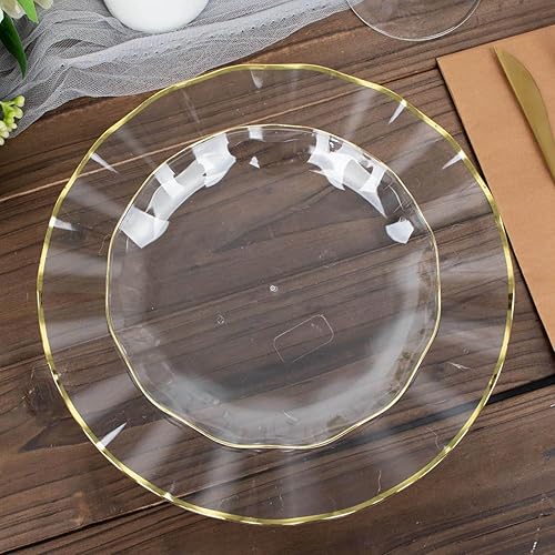 Miniatura 6 de Efavormart - Paquete de 10 platos redondos de plástico transparente de 6 pulgadas platos desechables para aperitivos con borde ondulado dorado para