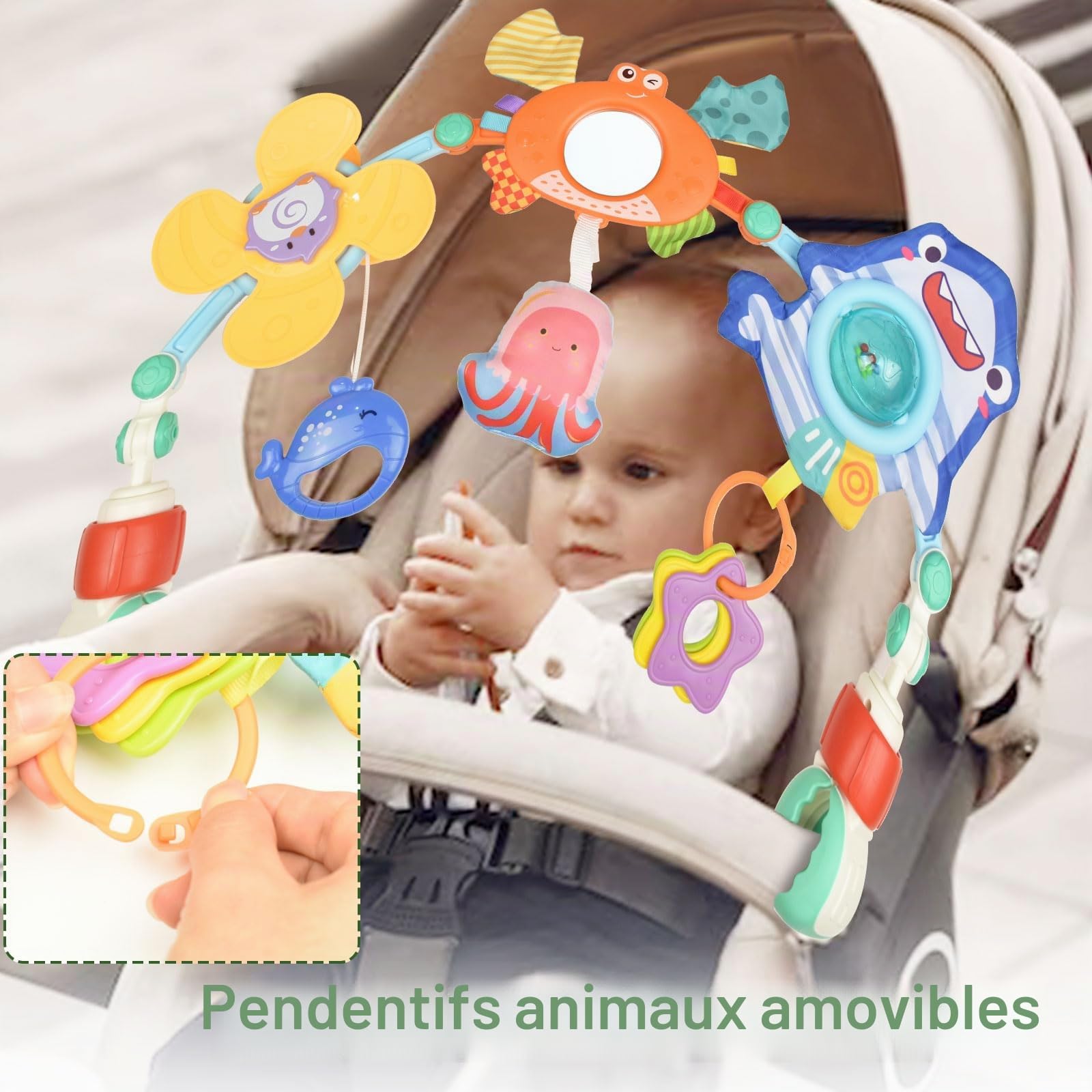 Arche Eveil Bebe, Réglable Arche D'activités pour Bébé avec Hochet Moulin à Vent, Arche Poussette Bebe pour Plupart Poussettes, Jouets D'éveil Bebe Cadeau pour 0 3 6 12 Mois Garçon Fille