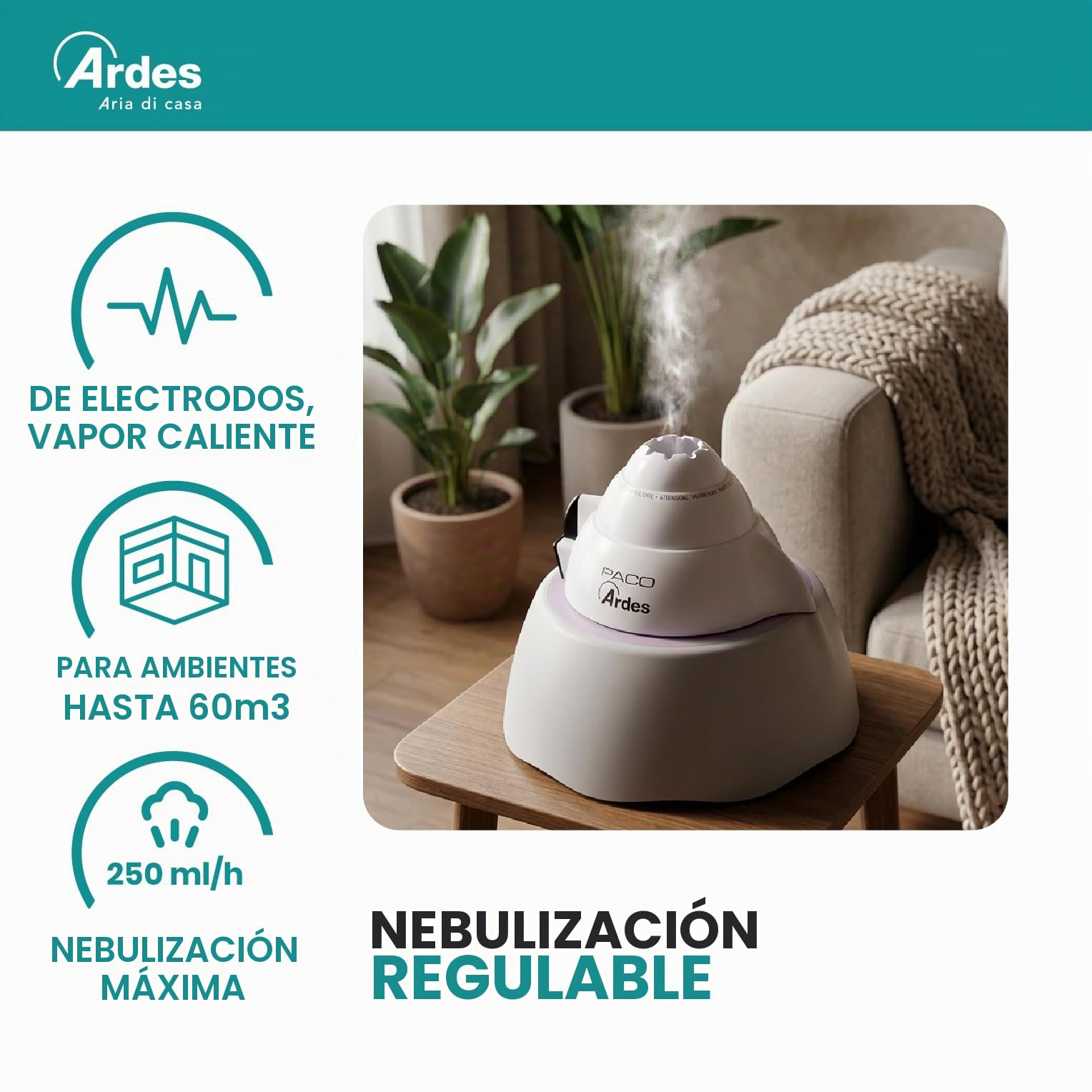 ARDES AR820 Humidificador de Vapor Caliente PACO de Electrodos 400W, Humidificador Vapor Caliente Terapéutico con Vaporizador Regulable y Autoapagado, Capacidad 2 Litros para 8 Horas de Autonomía