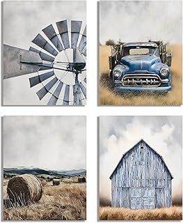 NIIORTY 4 Set Rustic Farmhouse Wall Art, Vintage Windmill, Classic Blue Truck, Hay Bale Field, Blue Barn Canvas Prints, Western Country Home Decor, 8x10 Inch Unframed