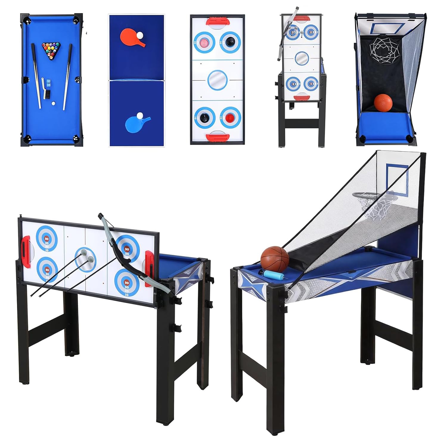 Multifunktionstisch 5in1 122cm Billard Tischtennis Air Hockey | Multifunktionale Spieltische,Basketball,Bogenschießen.Schneller Plattenwechsel,robustes Holz,Zubehör inklusive.