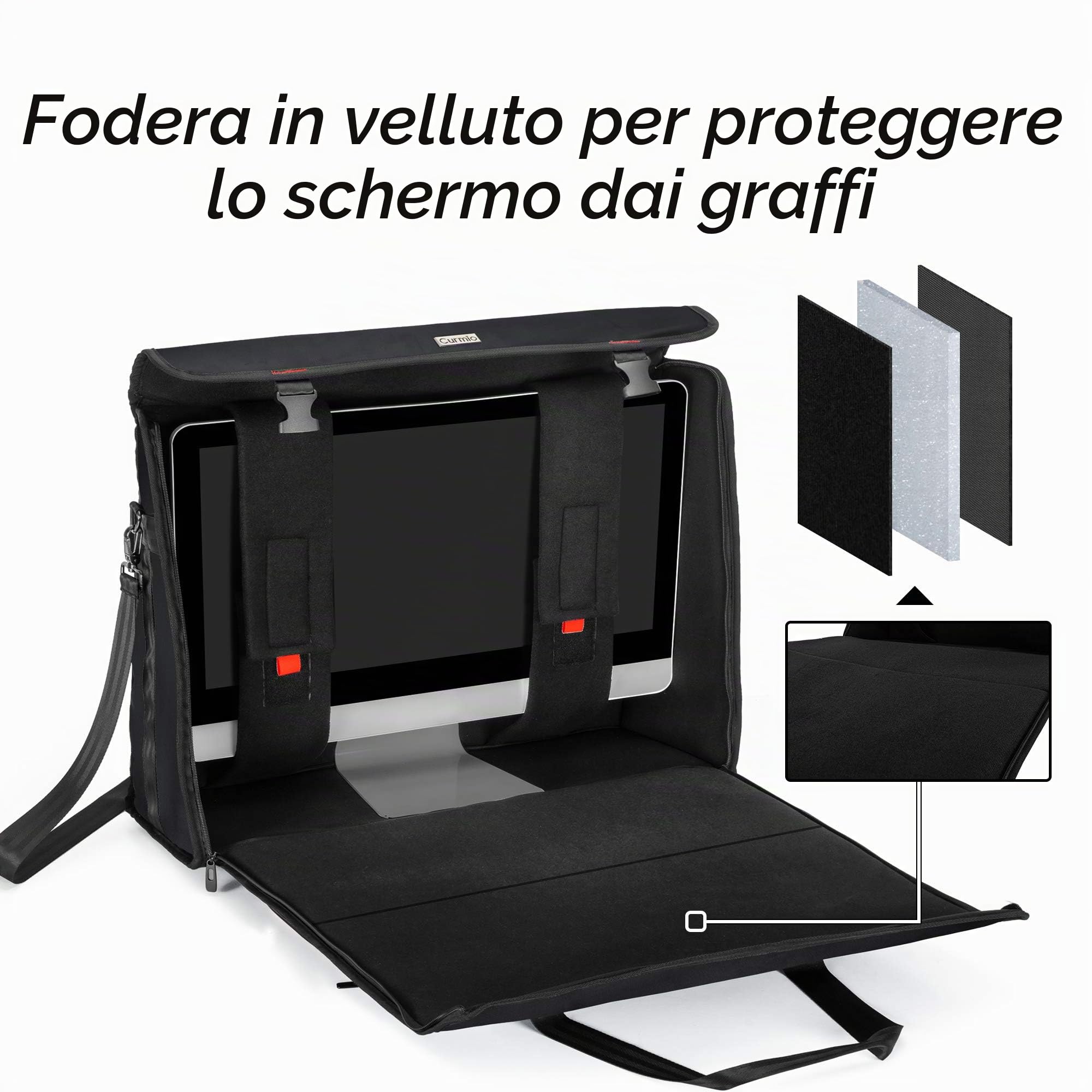 CURMIO Borsa da viaggio compatibile con computer desktop Apple iMac 27'', custodia per laptop compatibile con monitor iMac 27 pollici e accessori, Nero | Custodia da Viaggio per Schermo del Computer, Imbottitura Spessa, Tasca Accessori, Tracolla Rimovibil