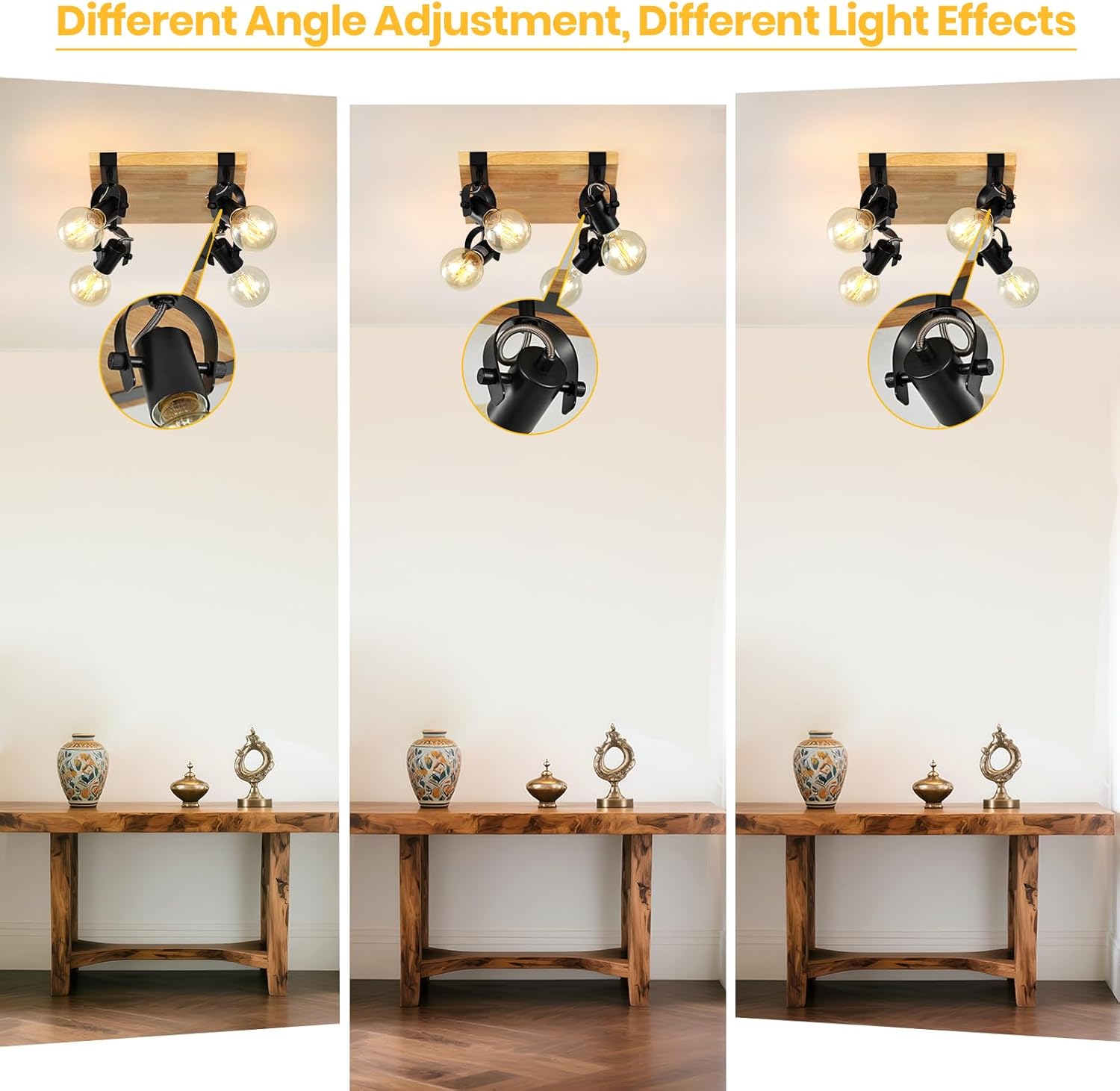 SEEBLEN Farmhouse Wooden Flush Mount Ceiling Lamp,4-Light Directional Ceiling Spotlight Track Light Kits,Rustic Farmhouse Kitchen Light Fixtures for Kitchen Bathroom Bedroom Hallway.