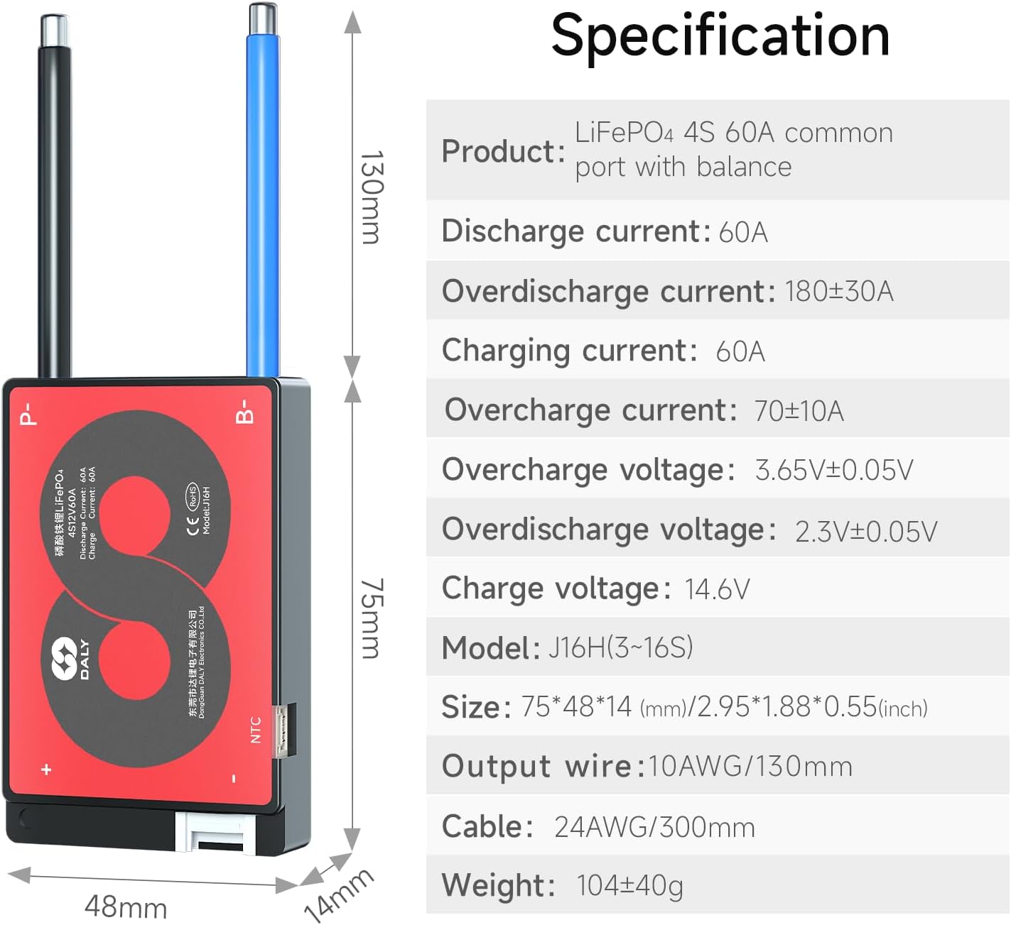 DALY BMS 4S 12V 60A Specifications