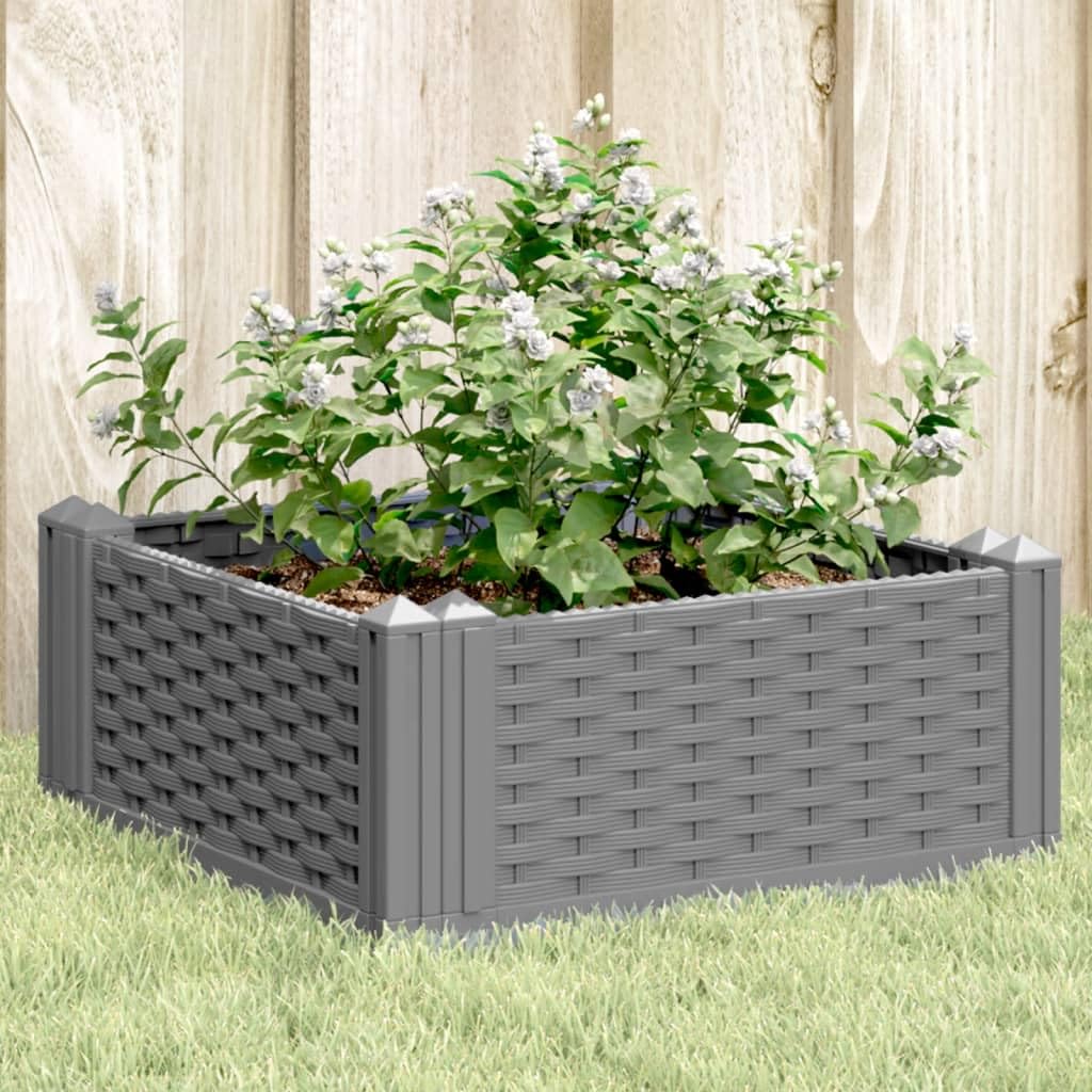 Skrzynka na rośliny ze szpikulcami do wbijania w ziemię, jasnoszara, z polipropylenu, 42,5 x 42,5 x 28,5 cm, uniwersalna donica i podwyższona grządka o wyglądzie rattanu, do ogrodu, na balkon