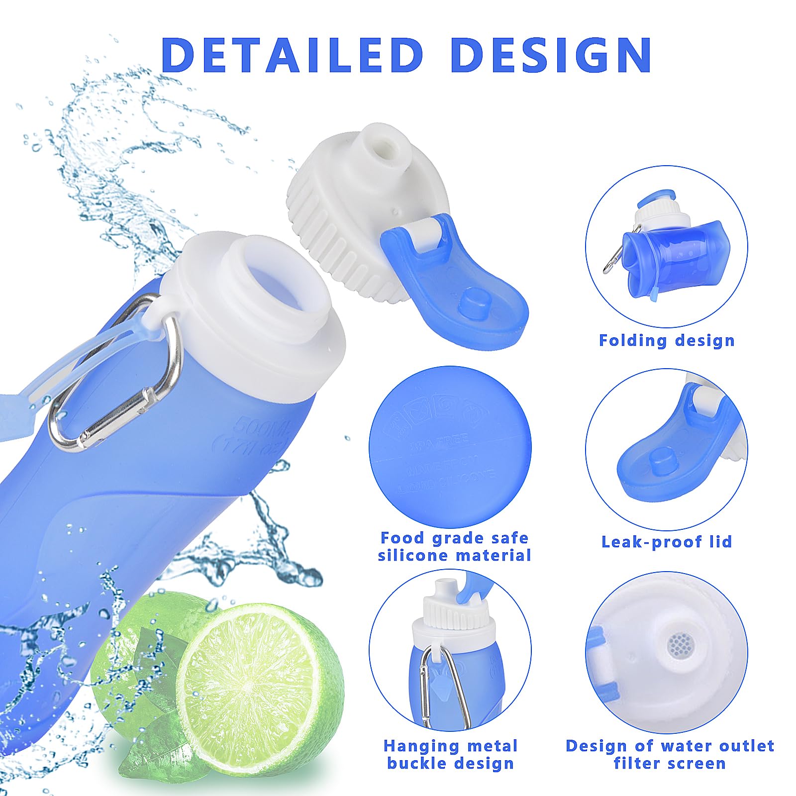 Borraccia Sportiva Pieghevole in Silicone Alimentare W91301 da 690ml, Ecologica