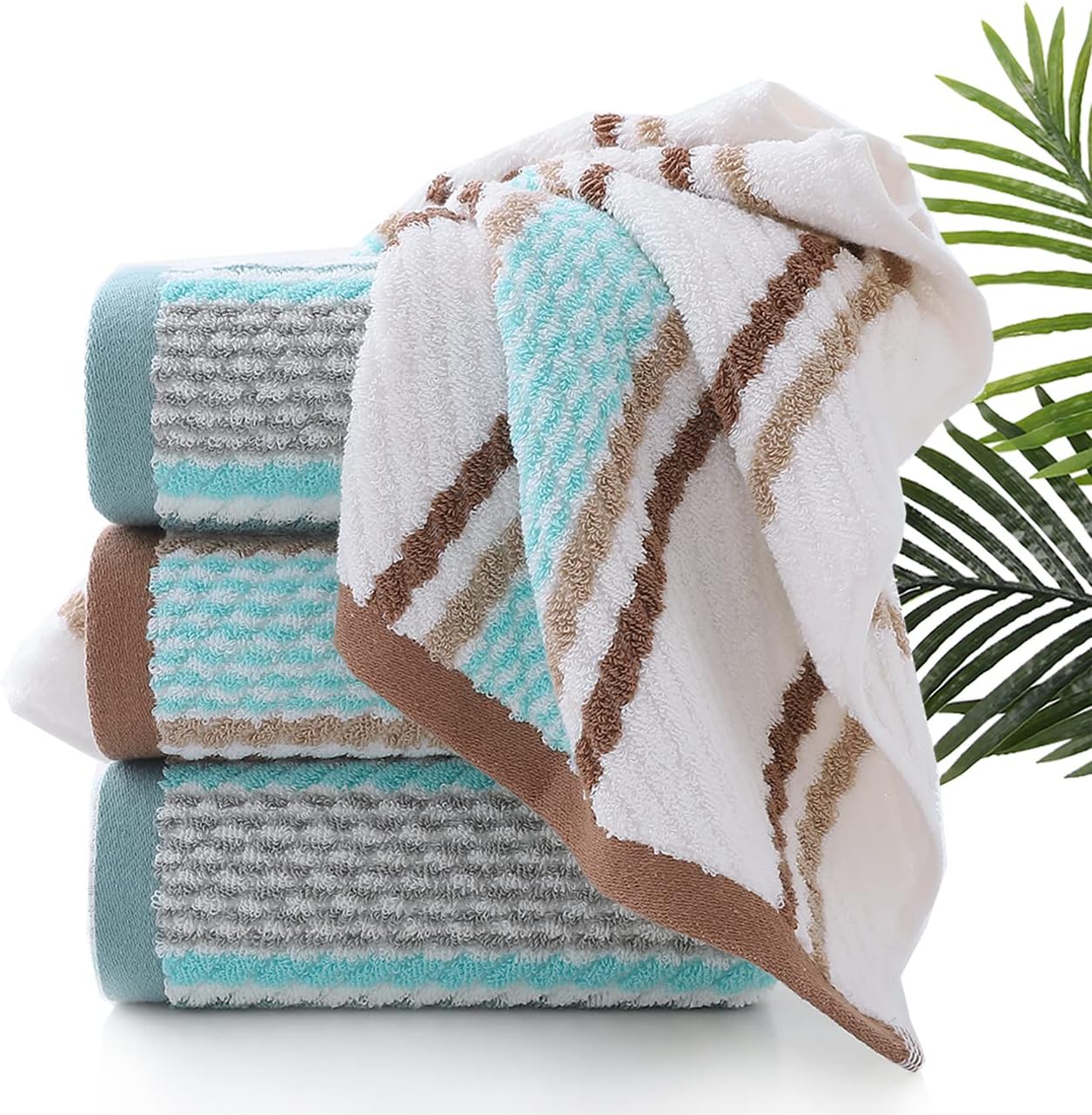 Pidada Hand Towels Set of 4 Striped Pattern 100% Cotton Soft Absorbent Decorative Towel for Bathroom 16 x 26 Inch (Brown)
