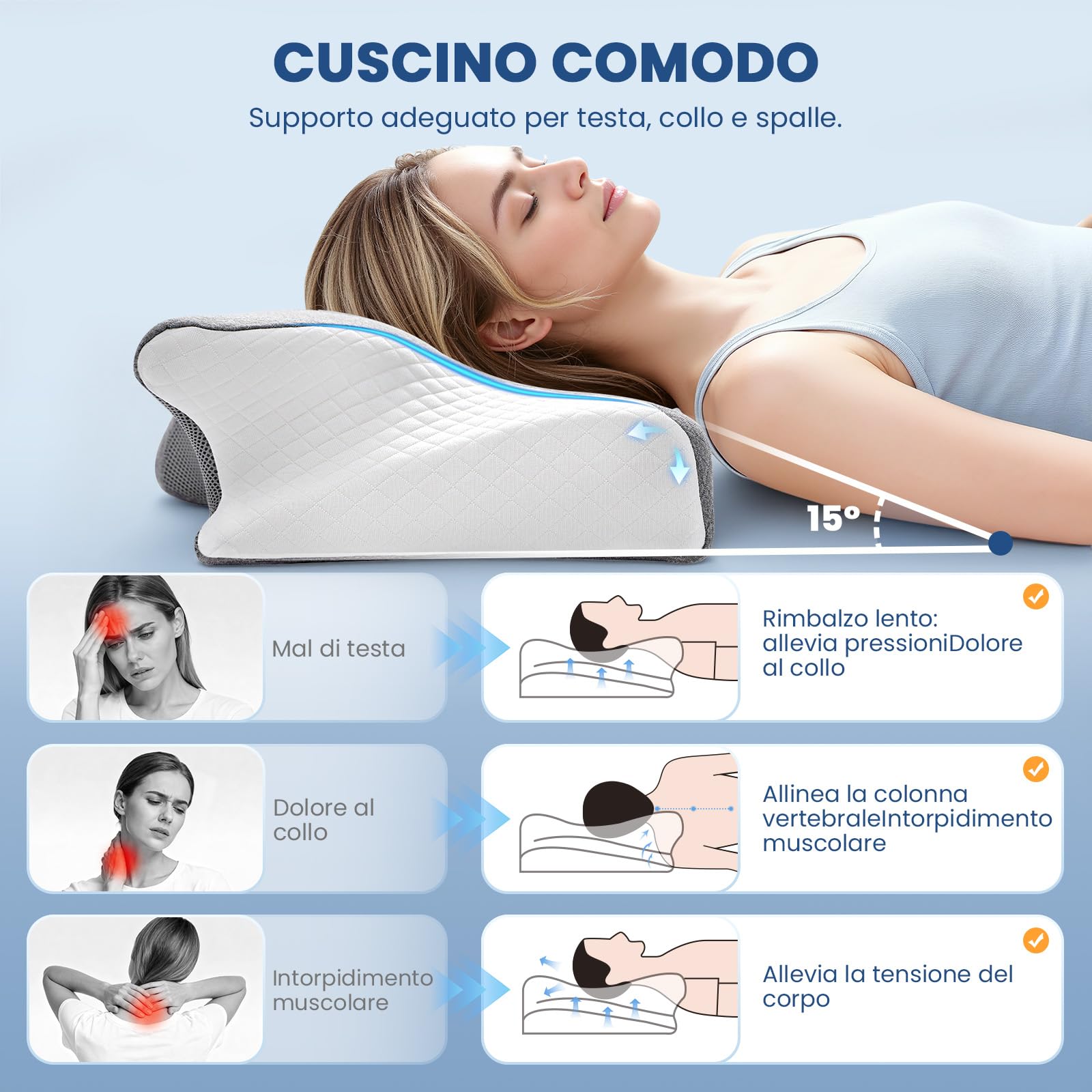 A-Pce Cuscino Cervicale, 2 in 1 Cuscini Laterali Schiuma Memoria, Cuscino Ortopedico Ergonomico Supporto Collo, Allevia Dolori Cervicali e Dorsali, Adatto a Fianco/Schiena/Stomaco, Grigio Bianco