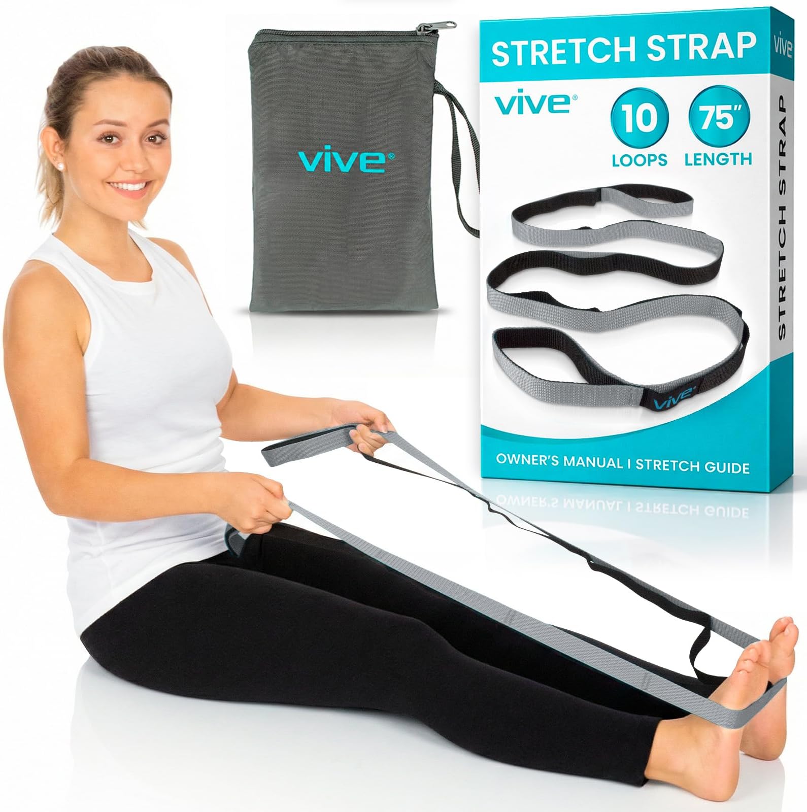Vive Stretch Strap (75" - 10 Loops) - Leg Stretch Band to Improve Flexibility - Stretching Out Yoga Strap - Exercise and Physical Therapy Belt for Rehab, Pilates and Gymnastics with Guide Book