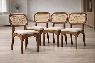 Woodkalakar Set of 4 Solid Sheesham Wood Dining Chair with Cane Backrest & Cushioned Seat | Handcrafted Wooden Chair for D... Price In India
