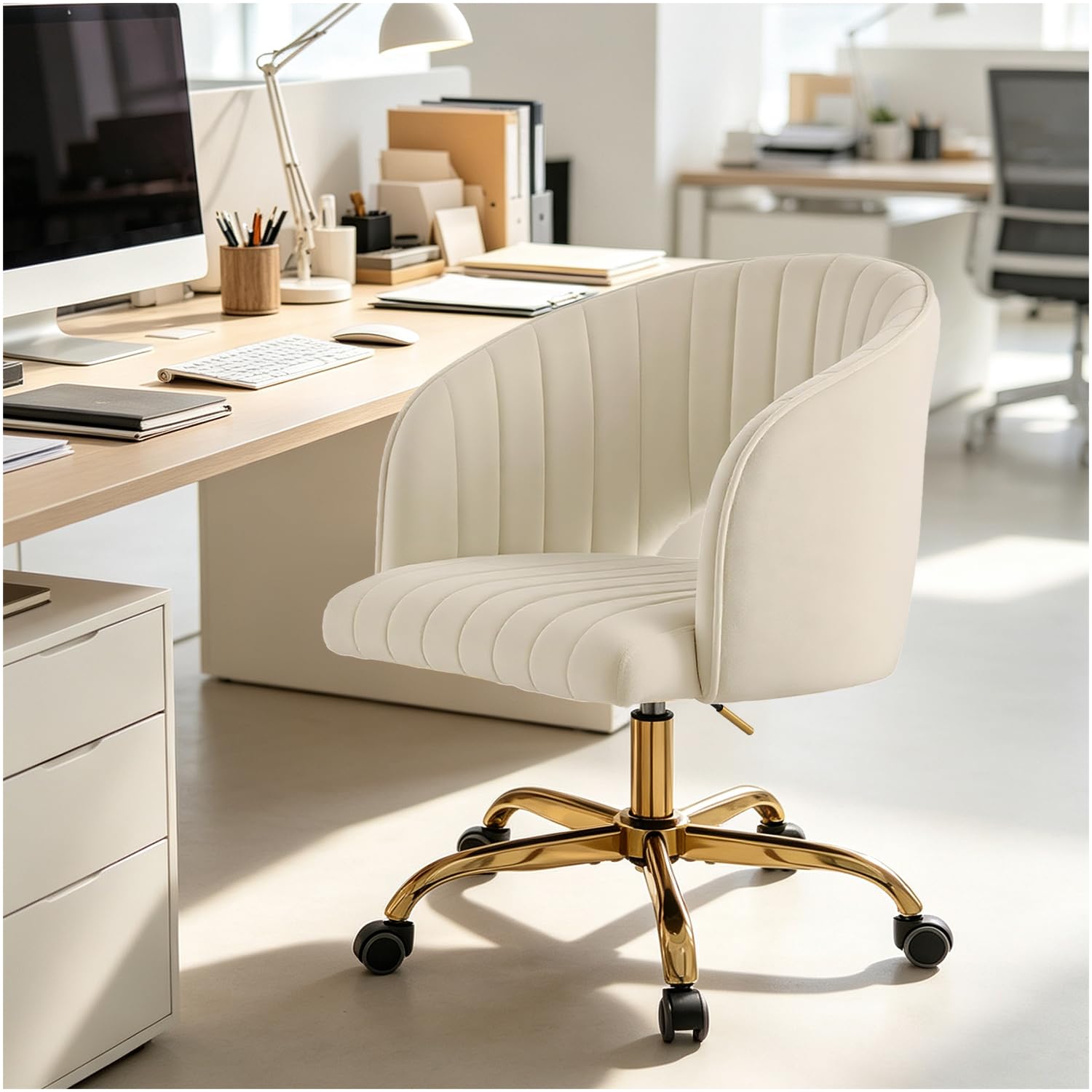 Sedia da Scrivania Imbottita e Girevole - Poltrona da Ufficio Comoda con Schienale in Velluto - Sedia Moderna per Trucco con Ruote - Oro e Bianco