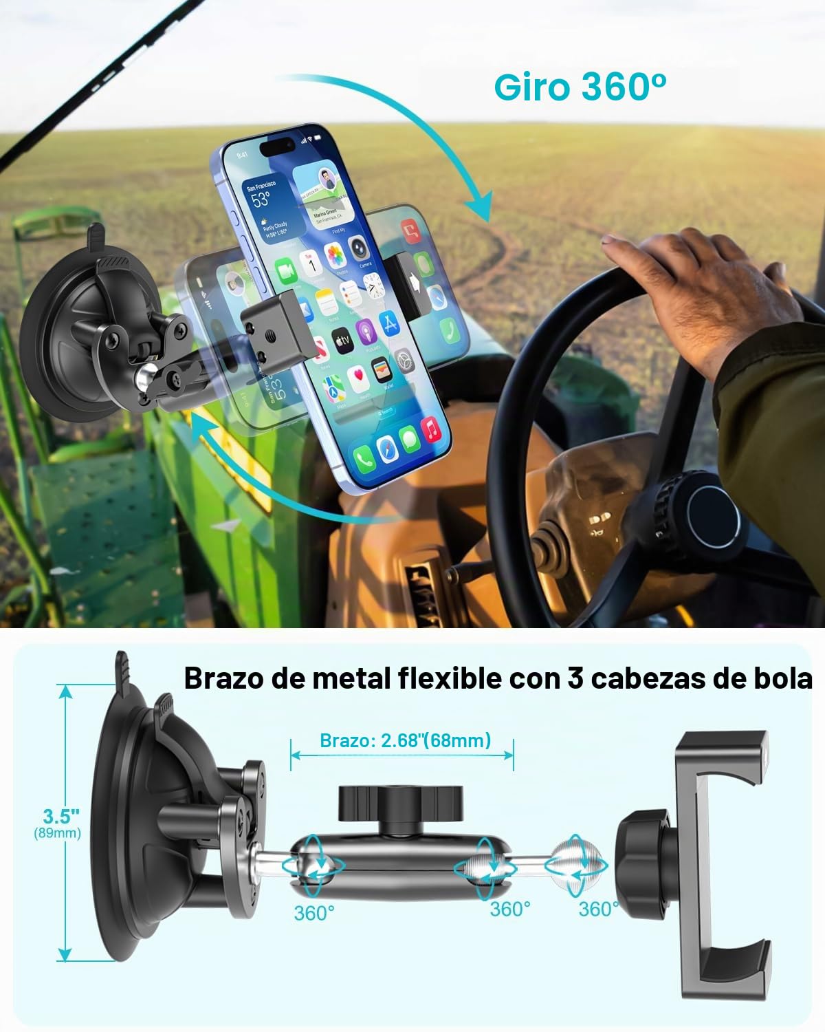 Soporte Movil Tractor, [Potente Ventosa & Brazo Metálico] Soporte Móvil para Tractor Parabrisas, Porta Teléfono Ventosa Coche Compatible con iPhone 17 16 15 14 13 12 11 Pro, Galaxy y Más 4-7"