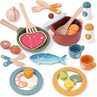 JOYSINTOY Wooden Play Kitchen Food Set - Cuttable Fruits Veggies, Pots Pans Utensils for Toddlers 3+ Pretend Play Boys Girls