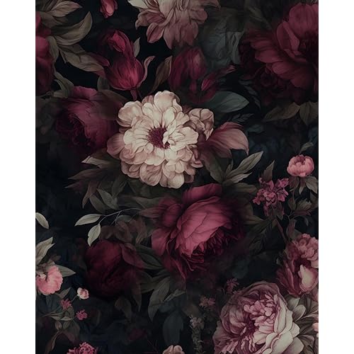 ILHIIOR Dark Floral Wallpaper,Boho Peel and Stick Wallpape,Leaf Contact Paper, Gothic Floral Wall Paper Removable Wallpaper Self Adhesive for Cabinet Drawers Wall Decor Renter Friendly 17.5''x118''