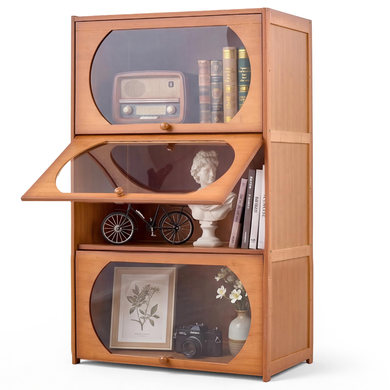 BTGGG Bamboo Bookcase and Shelving Units 3 Tier 60cm Book Shelf Unit with Large Capacity, Bamboo Kitchen Storage Cabinets Pantry Cupboard with Acrylic Door for Living Room Kitchen Office