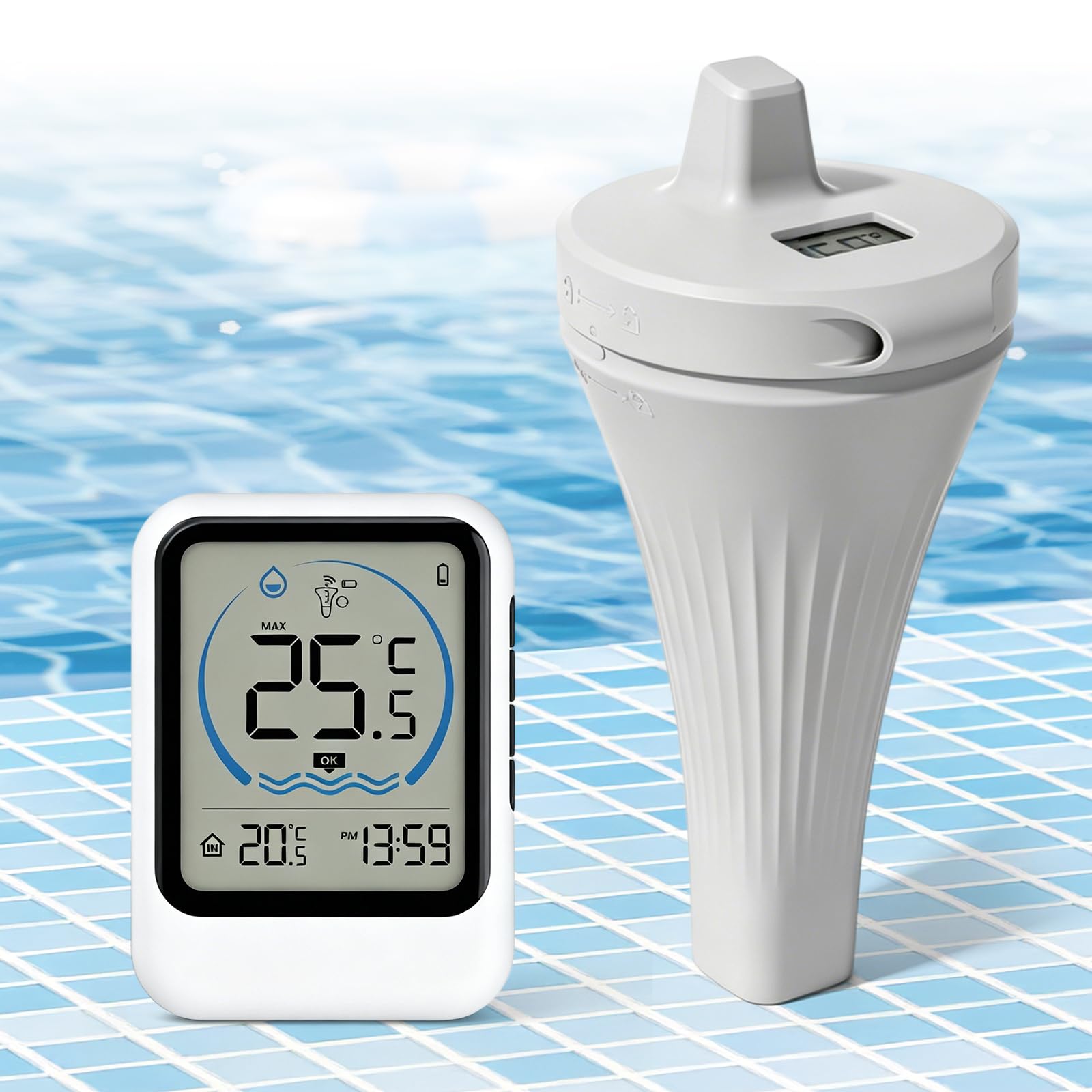 Poolthermometer Digital Funk, IP68 Wasserdichtes Schwimmendes Pool Thermometer mit LCD Display, Kabelloses Wasserthermometer für Pools, Aquarien, Teiche und Badewannen