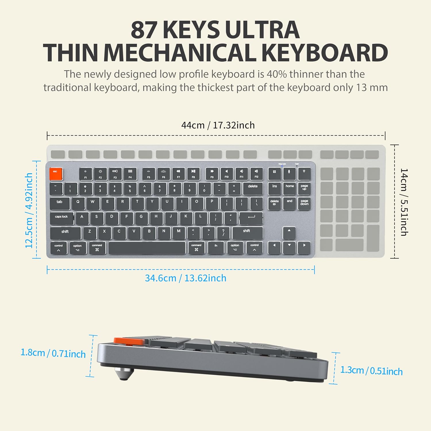 Side view of the keyboard showing its ergonomic design with a slight incline for comfortable typing, indicated by a 6-degree angle.