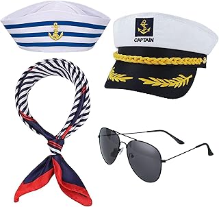 4 Pieces Yacht Captain Hat Sailor Ship Cap and Scarf Sunglasses Navy Sailor Hat Boat Navy Hat White Sailor Cap for Kids Ad...