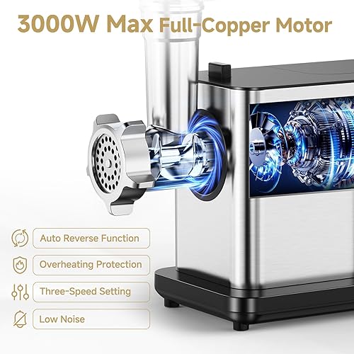 Miniatura 4 de AAOBOSI Picadora de carne eléctrica de 3000 W máx. con pantalla táctil a color, inversión automática y almacenamiento integrado, 3 ajustes de