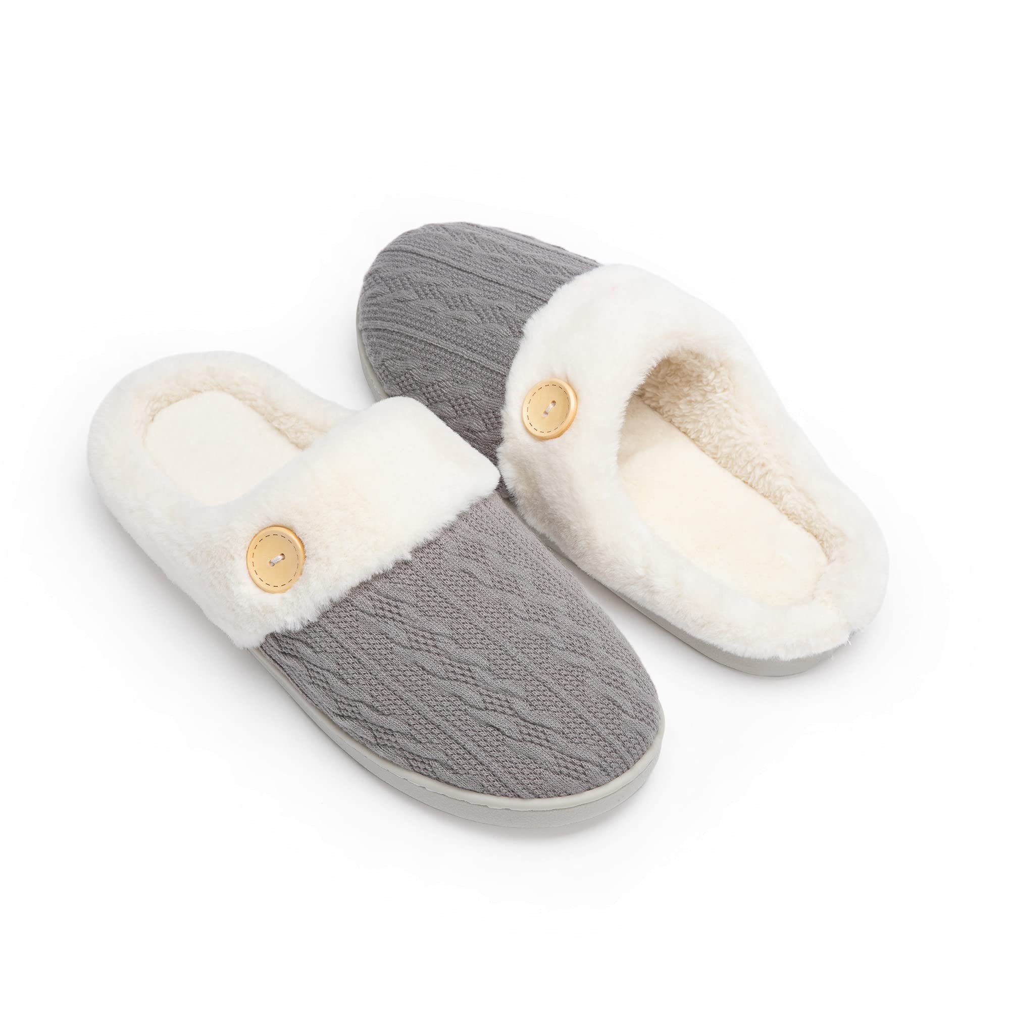 Chantomoo Womens Slipper Warm Comfy Memory Foam House Slippers Knitted Shoes Faux Fur Lined Anti-Skid Rubber Sole Bedroom