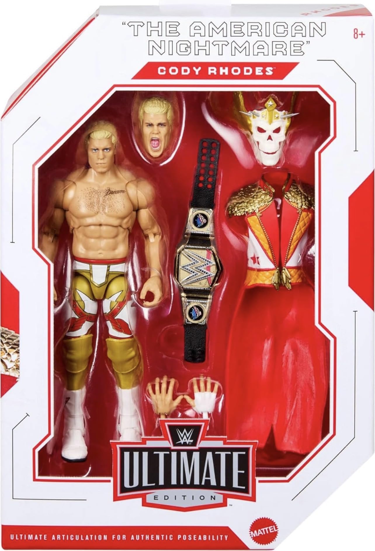 Mattel WWE Ultimate Edition Actionfigur und Zubehör im Set, ca. 15 cm große Cody Rhodes Sammelfigur mit austauschbaren Köpfen und Händen und 30 Bewegungspunkten, JHV89 | Cody Rhodes Sammelfigur, 15 cm, austauschbare Köpfe und Hände, 30 Gelenkpunkte, JHV89