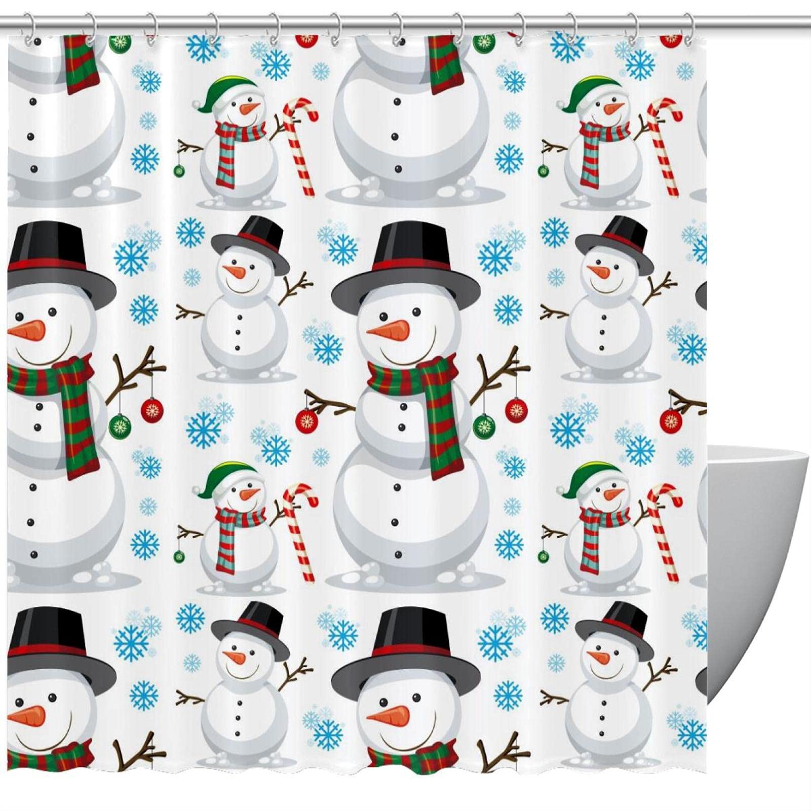 Rideau de douche bleu 183 x 183 cm avec motif de Noël bonhomme de neige et 12 crochets