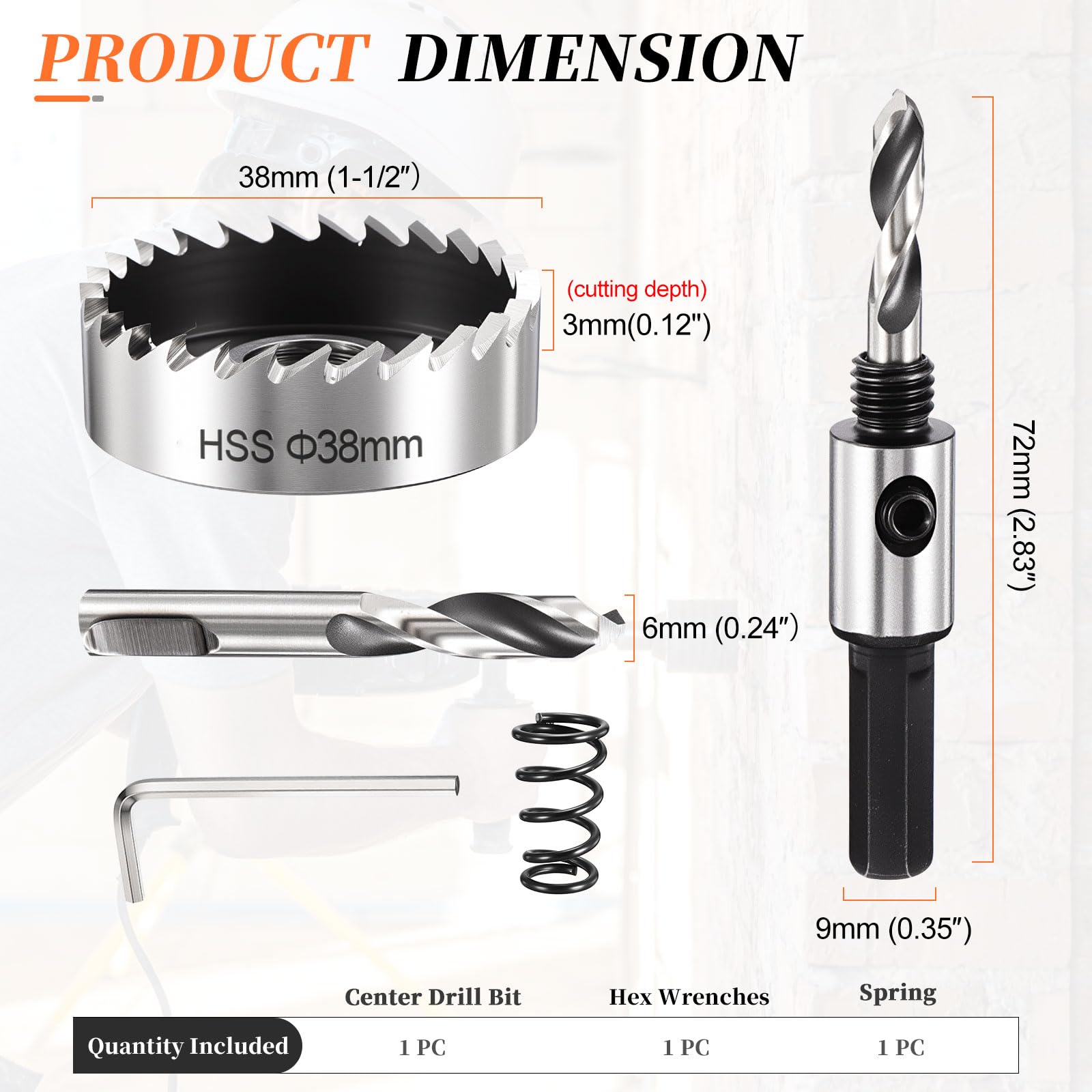 METALLIXITY Hole Saw 38mm (1-1/2"), M2 High Speed Steel Hole Cutter with Center Drill Bit, Hex Key and Spring - Image 2