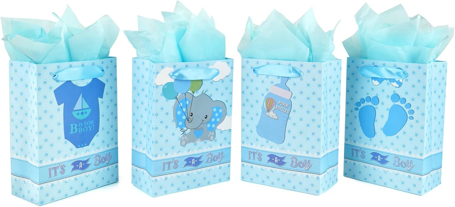 16 Pcs Baby Boy Gift Bag with Ribbon Handle Wrapping Paper Baby Shower Bags Elephant Baby Kraft