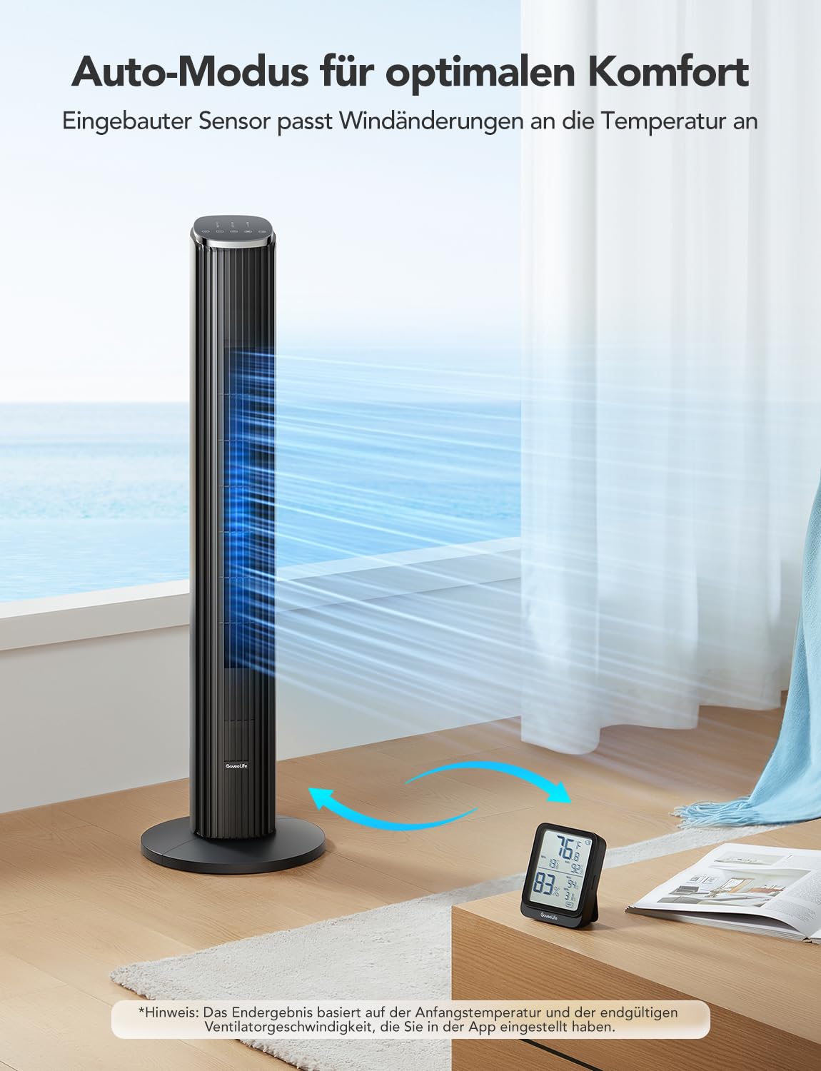 GoveeLife Intelligente leiser Turmventilator, 75° Oszillierende Ventilatoren mit App- und Sprachfernbedienung, 6.3m/s Geschwindigkeit 8 Geschwindigstufen 5 Modi 24 Std-Timer, mit Kühlung