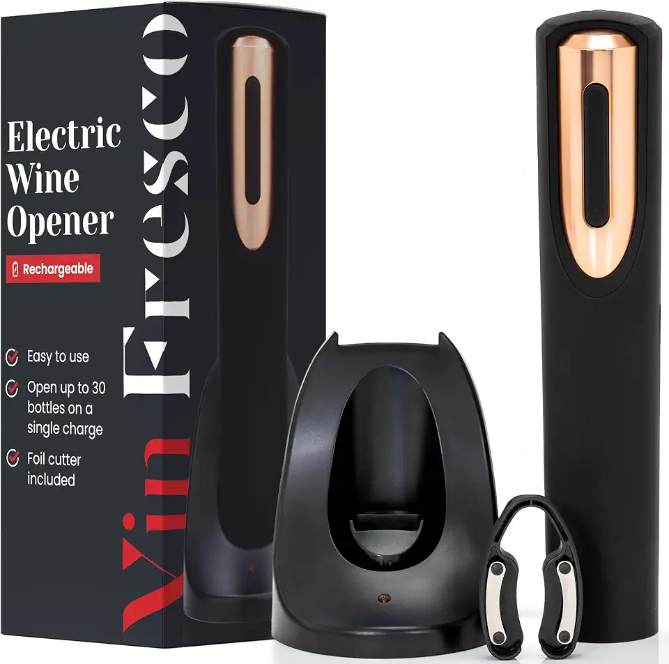 Vin Fresco Abridor de vinho elétrico recarregável com base de carregamento e cortador de folha - abridor automático de garrafas de vinho - abridor de vinho elétrico saca-rolhas - presente