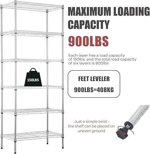 Miniatura 3 de Estantería de alambre de 6 niveles, estantes de metal de 60 x 23 x 13 pulgadas, estante de almacenamiento de metal resistente, estante de alambre