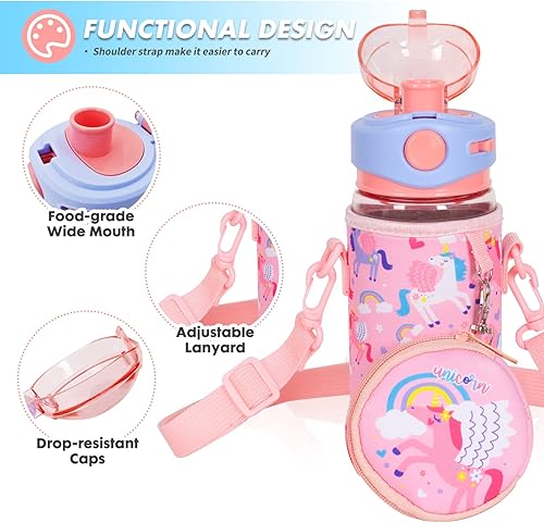 Miniatura 3 de YOYTOO Botella de agua para niños con cordónfunda para la escuela, niños y niñas, botella de agua potable sin BPA de 20 onzas, apertura de un solo