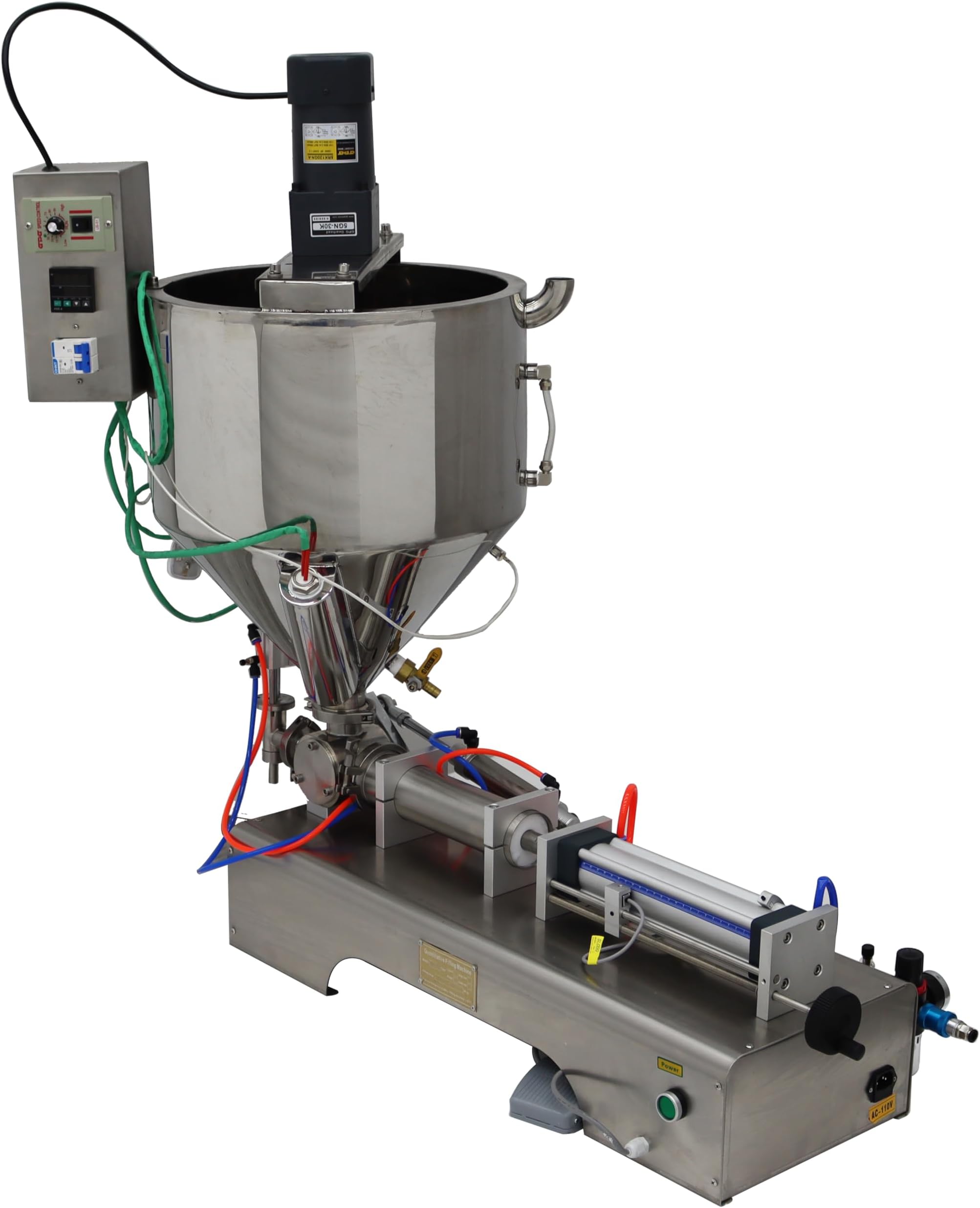 TECHTONGDA Paste Liquid Filling Machine One Nozzle Piston Filler with Mixing and Heating Hopper Bottle Pack Seal for Honey Milk (30-300ml)