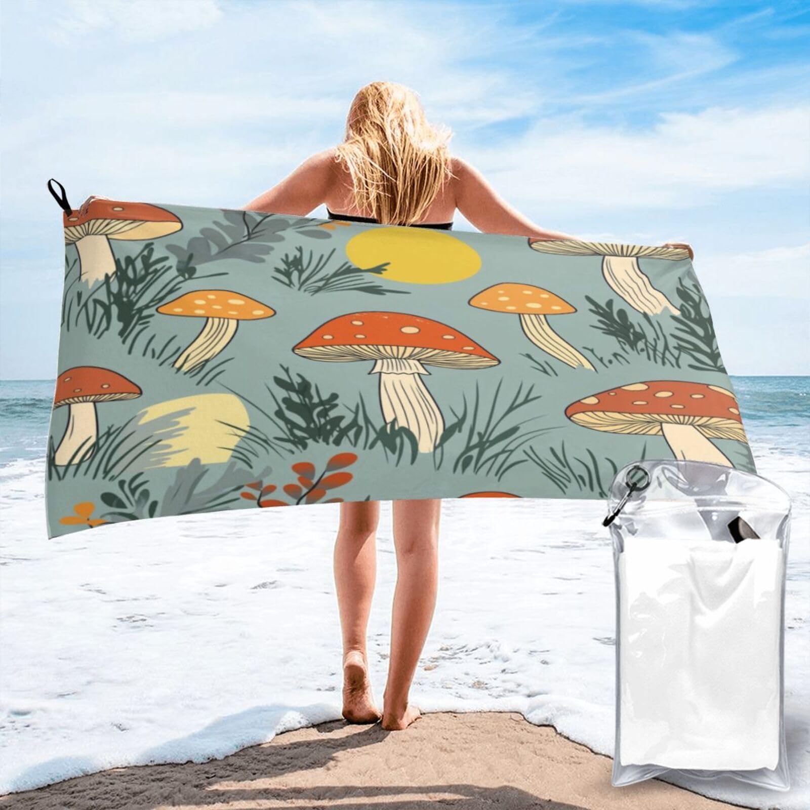 Anceky Patterned Mushroom Sunset Illustration Digital Art Quick Dry Microfiber Travel Towel with Carry Case and Carabiner 27.5"X55"