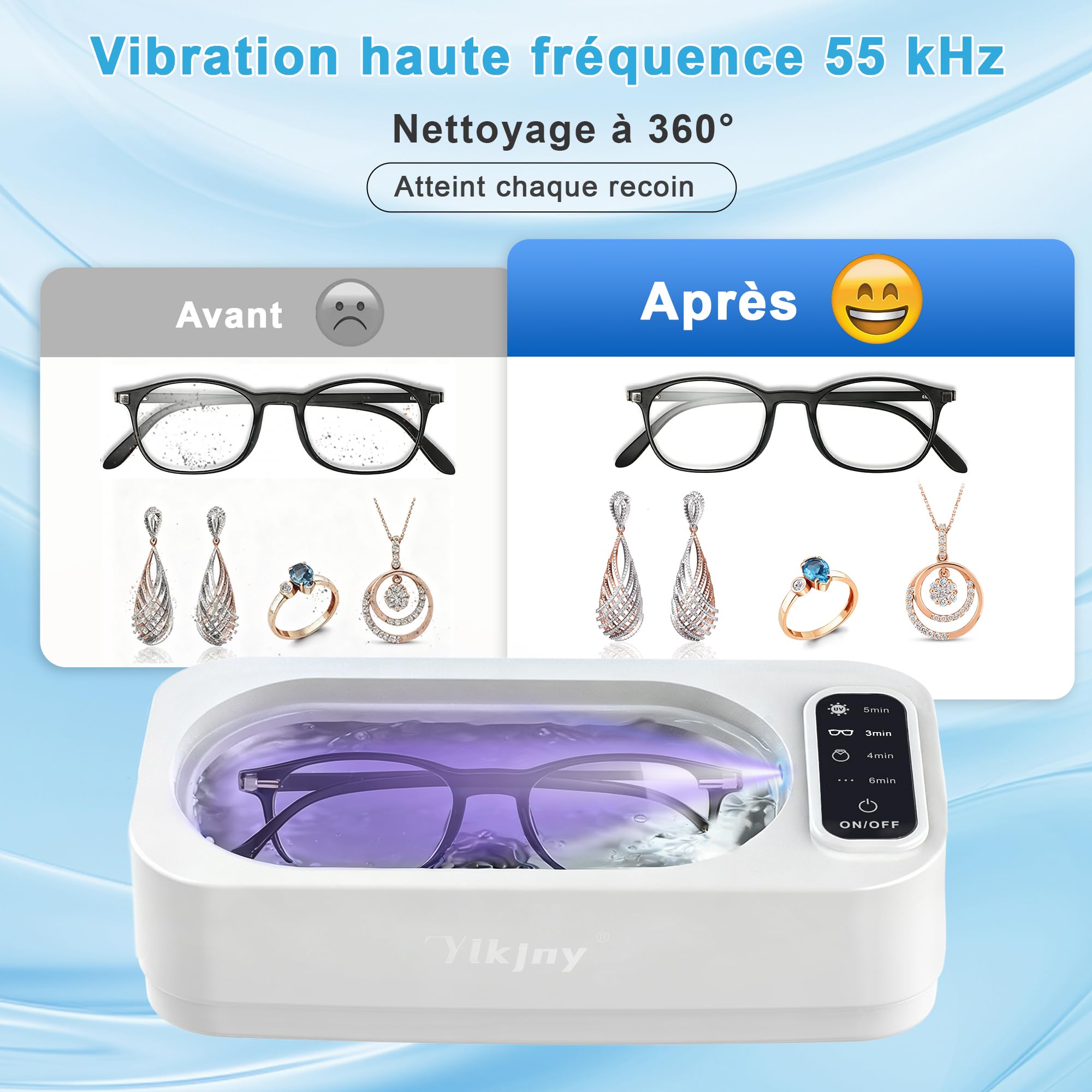 Nettoyeur Ultrasons 55KHz, Ultrasonic Cleaner 350ml, Bac a Ultrason 4 Modes, Nettoyeur Ultrasons Lunettes avec Lampe UV, Adapté pour Colliers, Bijoux, Prothèses Dentaires et Outils Cosmétiques