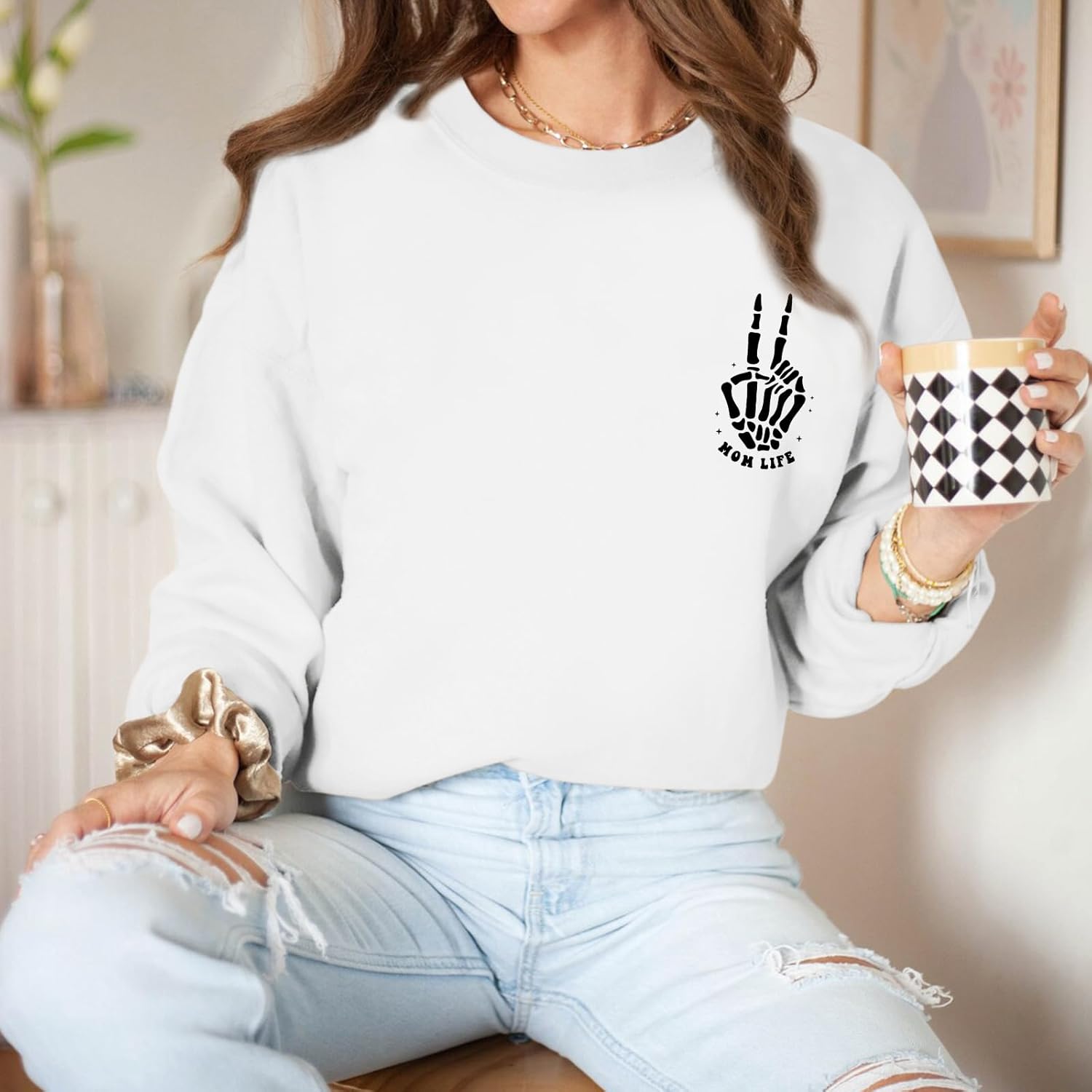 Mom Life Sweatshirt Mama Sweatshirts for Women Skeleton Halloween Long Sleeve Shirt Rock Crewneck Graphic Pullover - Image 2