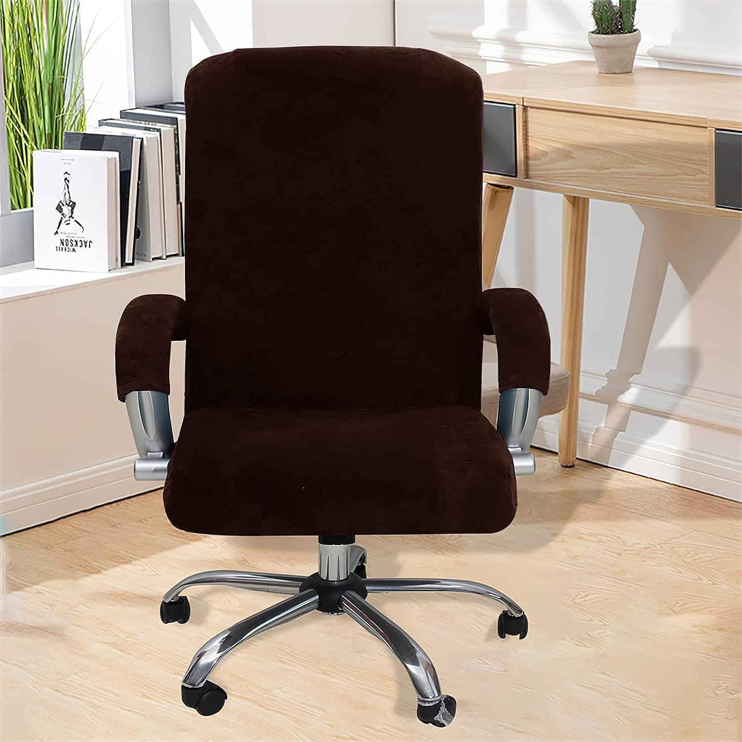 Chair covers with arms Chair Covers Computer Office Chair Cover,Stretch Velvet Plush Armchair Slipcovers with Armrest,Removable Stretchable Universal Desk Chair Covers Rotating Chair,NOT Chair-Khaki||