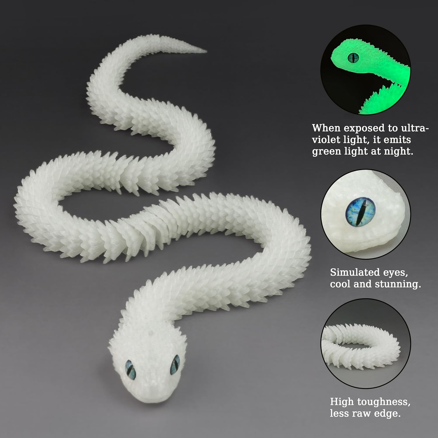 3D Printed Snake Animals Toys, Articulated Flexible 3D Printed Viper Fidget Toy, Realistic Slithering Design, Home Office Executive Desk Decor (Green Glow, 24 in)
